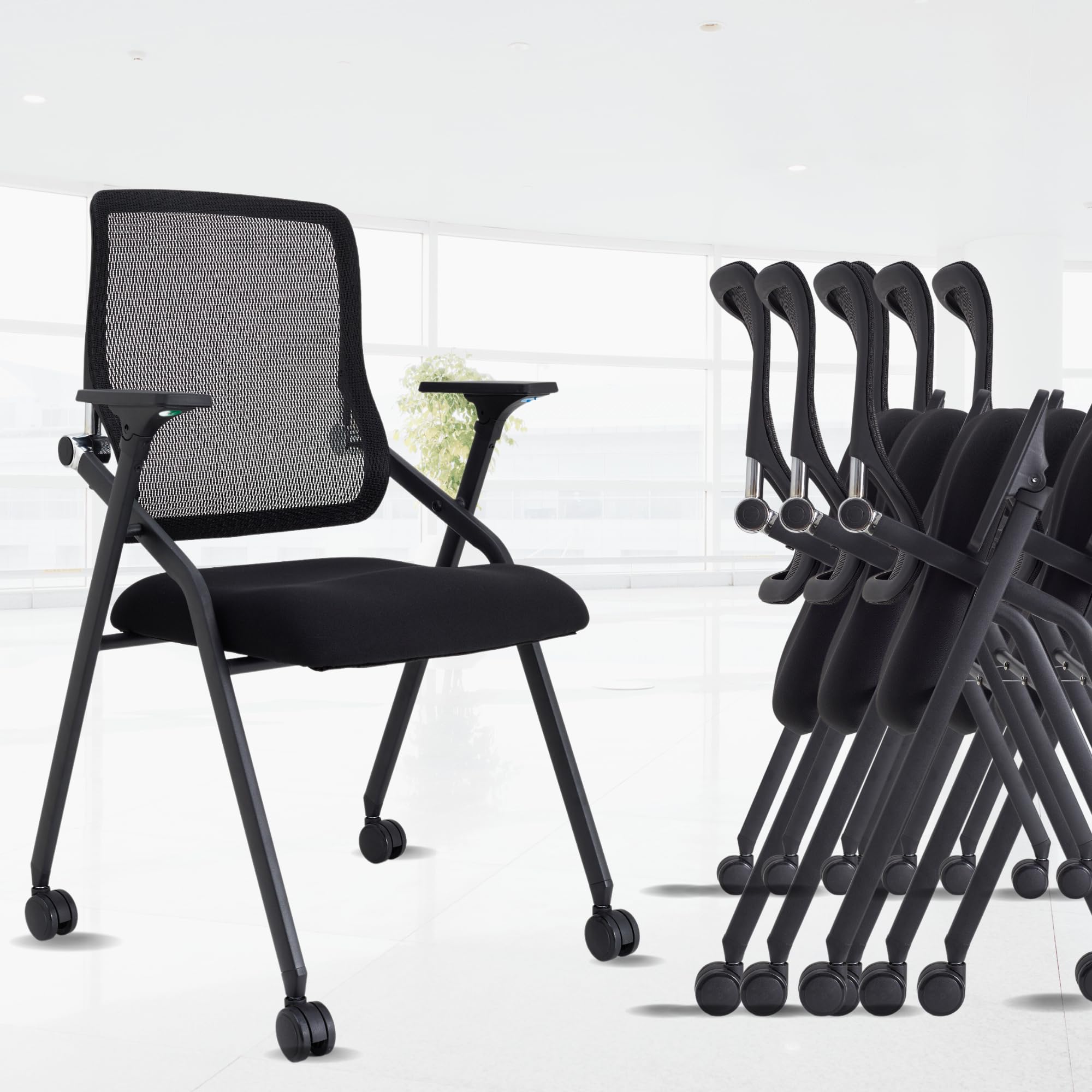 BROBRIYO 8 Pack Stackable & Foldable Conference Room Chairs with Lumbar Support, Armrest - Ergonomic Mesh Bouncing Back for Office Meeting, Conference