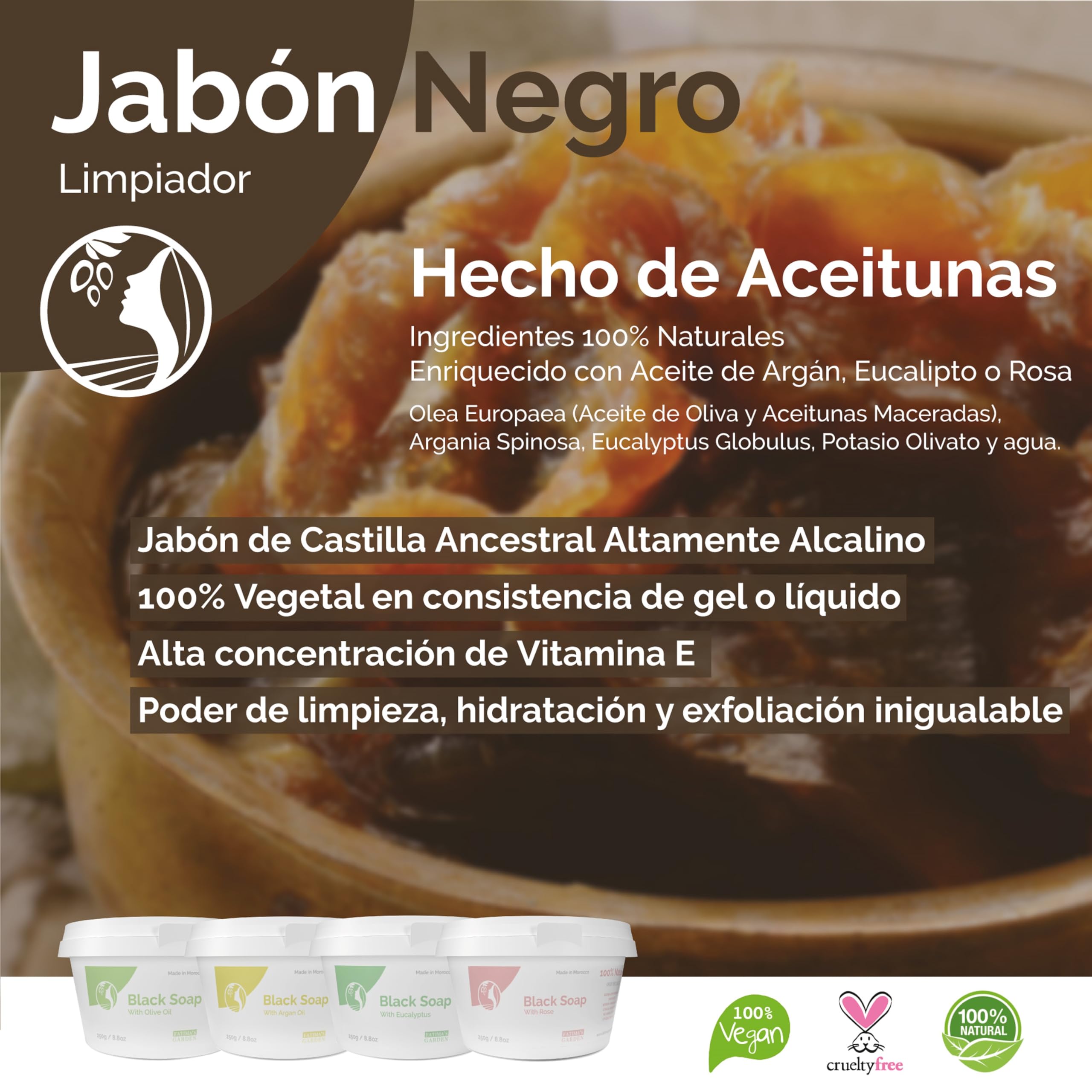 Fatima's Garden Jabón Negro con Aceite de Oliva - Limpiador Natural, 150g