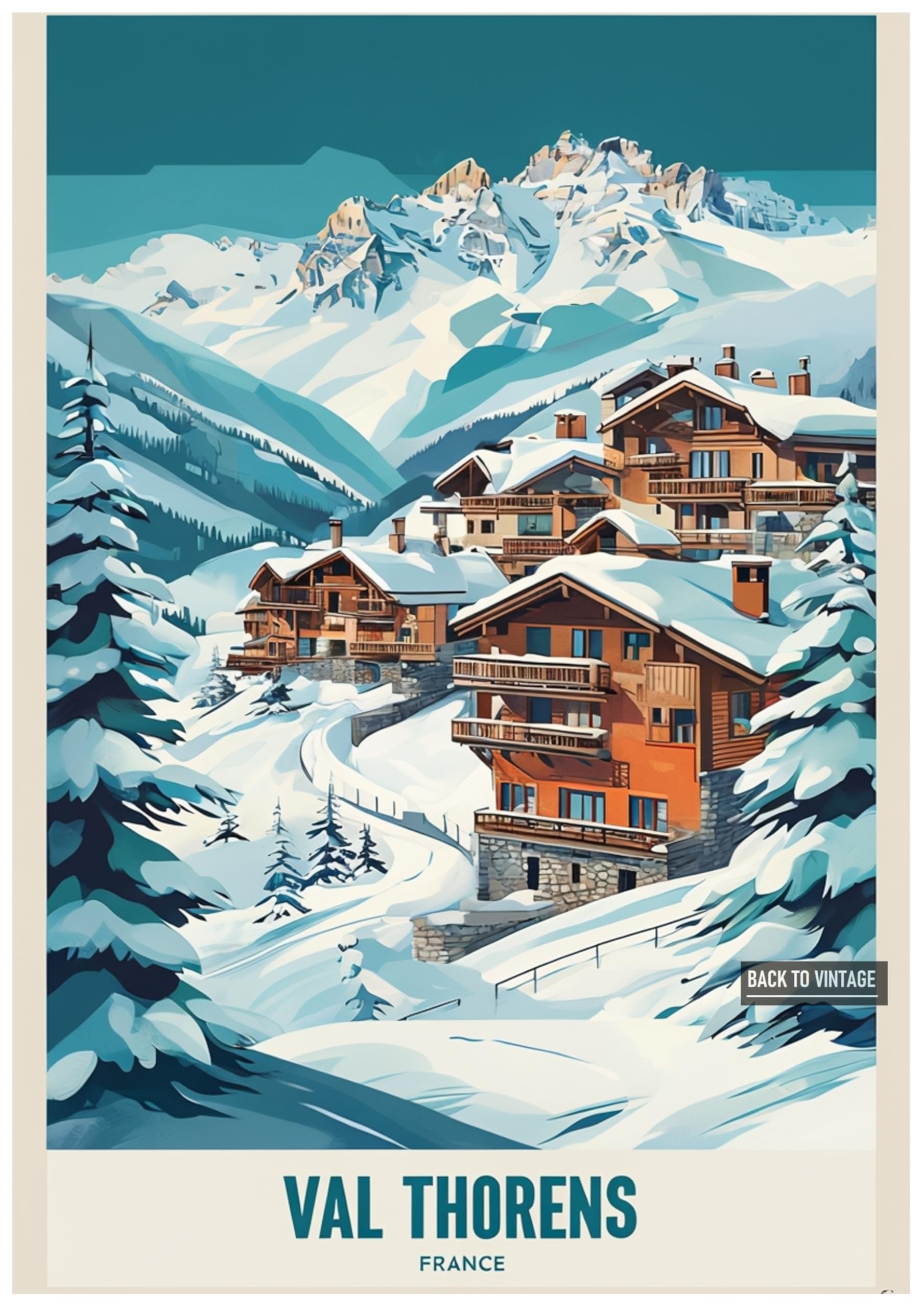 VAL THORENS - Vintage Ski Resort Poster A4 Size Retro Winter Sports Wall Art Alpine Mountains Snow Landscape Home Decor for Ski Lovers