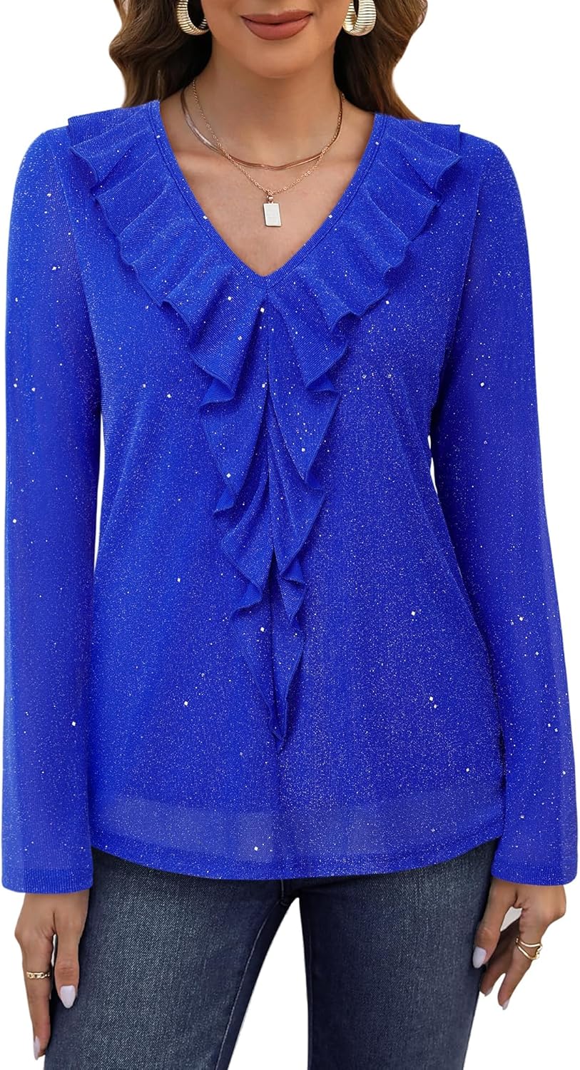 Gaharu Women's Dressy Blouses Long Sleeve Ruffle Shirts Casual Loose Fit Mesh Double Layers Flowy Tunic Tops - Image 3