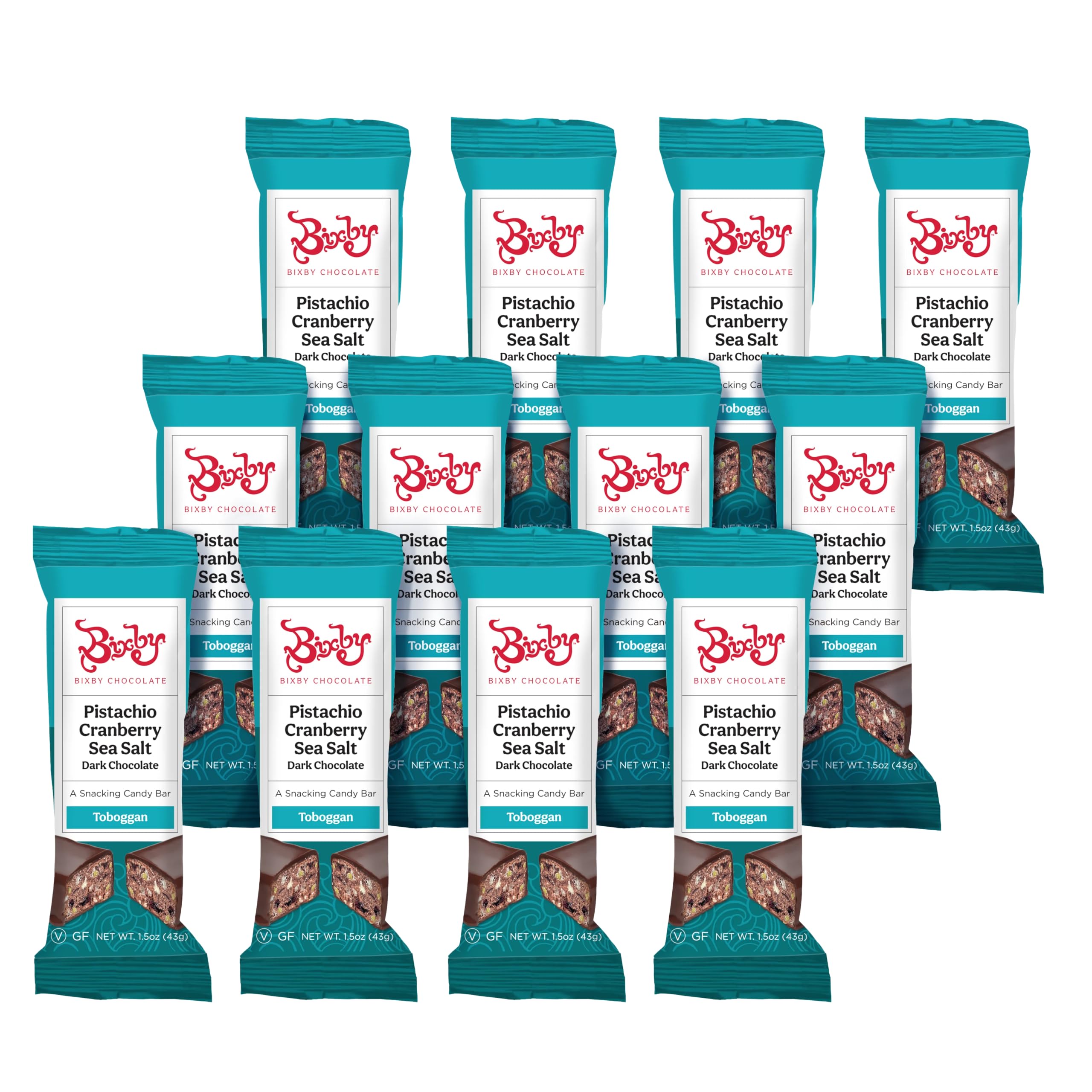 Bixby 12 Bars of Vegan Dark Chocolate - Gluten Free Pistachio, Pecan and Cranberry Bulk Chocolate Bars - Non GMO Kosher Protein Snack with Clean Ingredients - Pack of 12 Gourmet Candy Bars, 1.5oz each