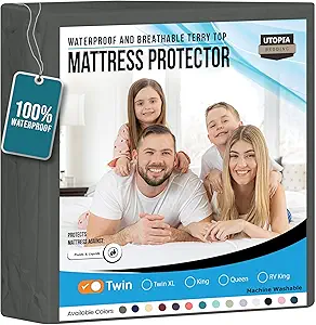 Utopia Bedding Waterproof Mattress Protector Twin Size, Premium Terry Mattress Cover 200 GSM, Breathable, Fitted Style with Stretchable Pockets (Gray)
