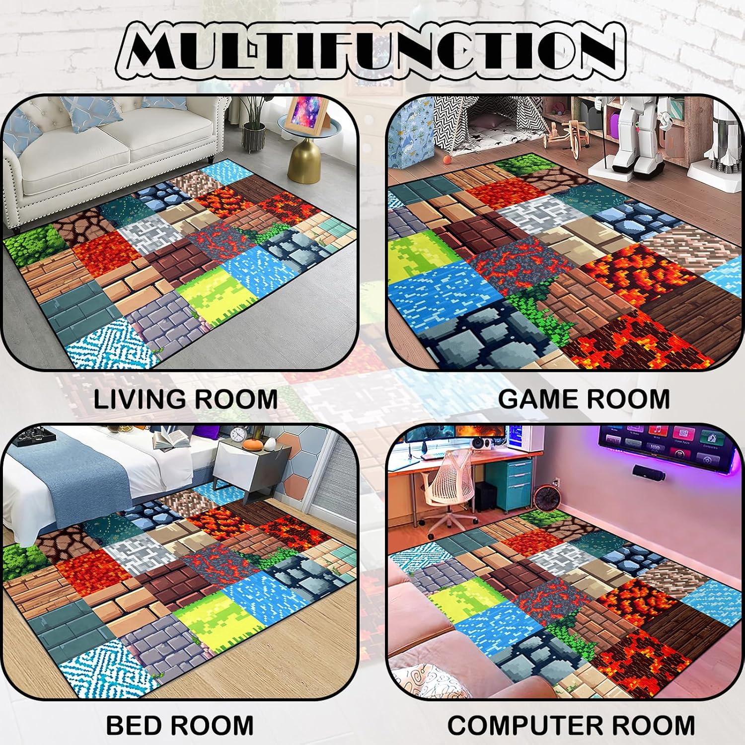 Game Room Rug - Video Game Decor for Boys Bedroom 2'5''x4' Block Theme Carpet Gaming Floor Mat Rugs for Boys Room Decor for Bedroom Living Playroom