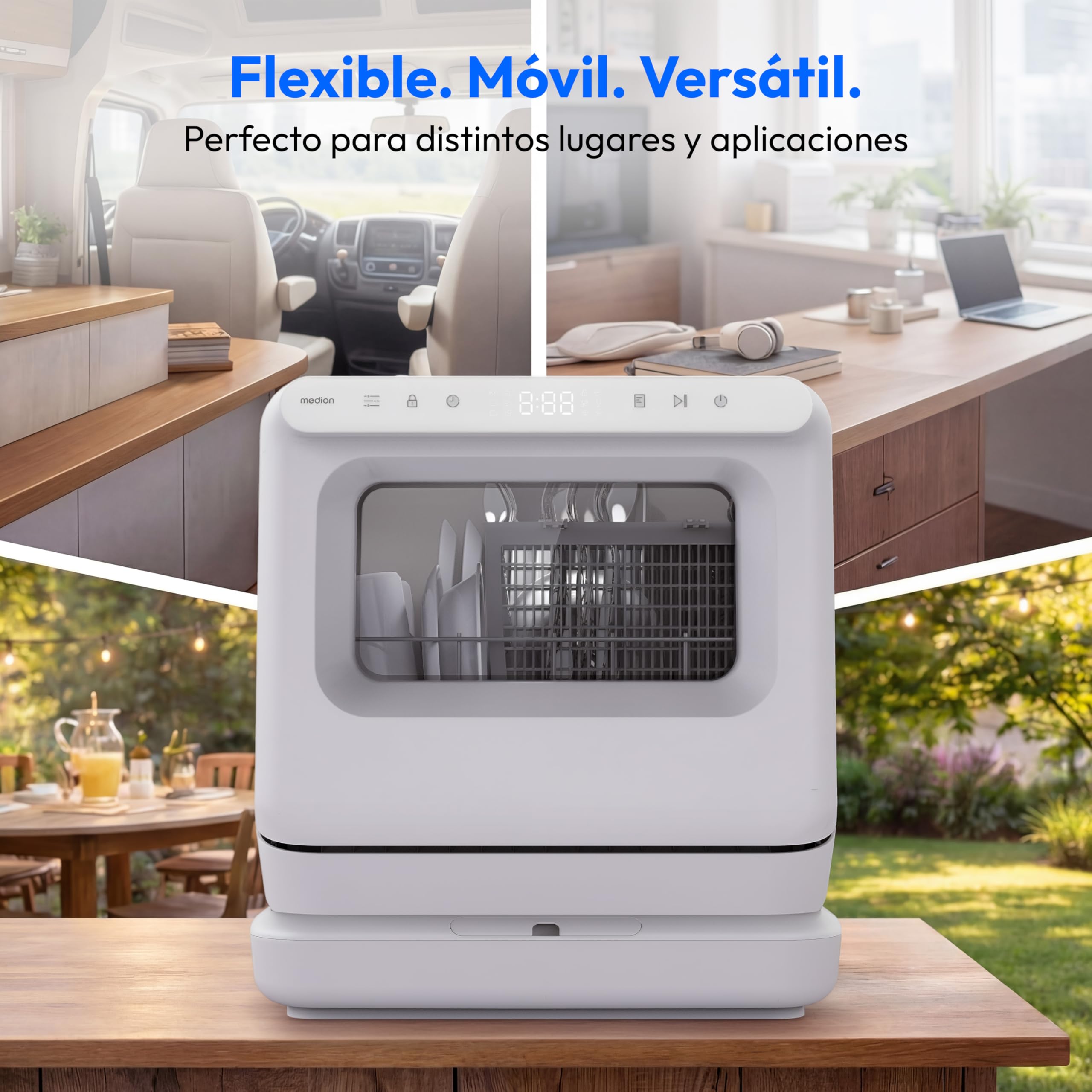 MEDION Mini Lavavajillas DWT30, 3 Servicios, Lavavajillas de Sobremesa, funciona con o sin conexión de agua, 6 Programas, Luz UV, Secado por Aire, Pantalla Táctil, libre instalación, MD370022