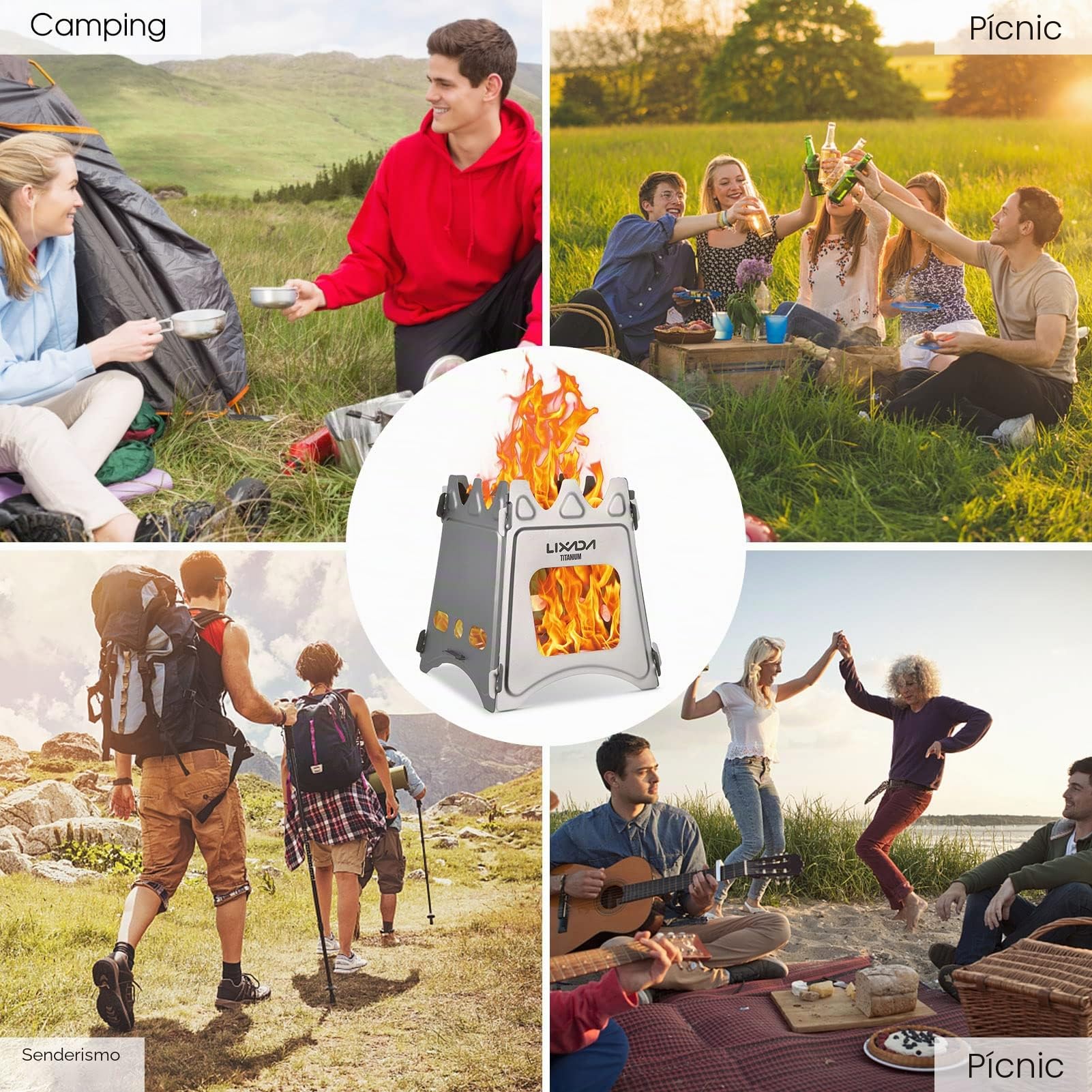Lixada Camping Estufa de acero inoxidable plegable mochila estufa de madera mini barbacoa parrilla con bolsa de transporte para camping senderismo cocina