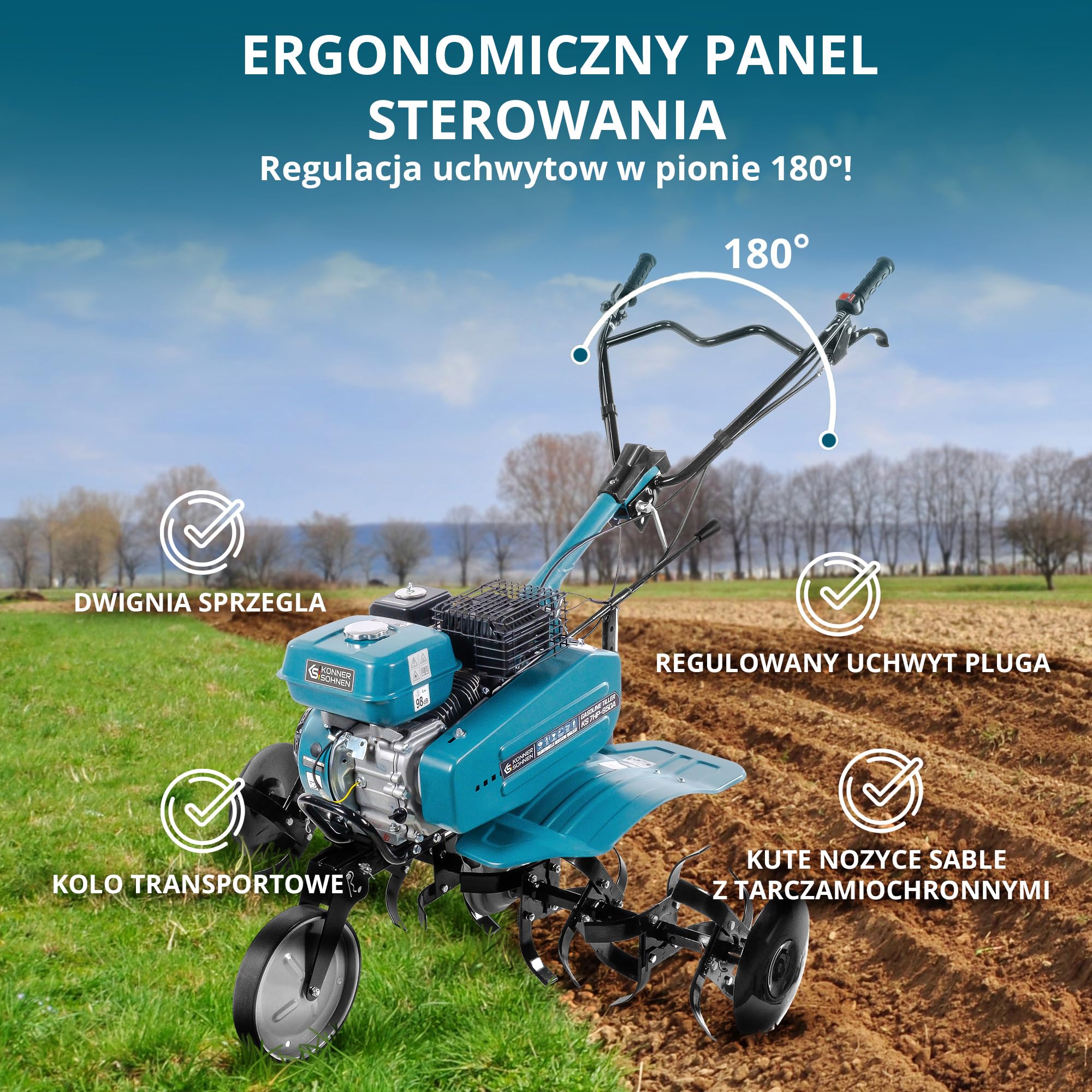 Glebogryzarka benzynowa Könner & Söhnen KS 7HP-950A Kultywator spalinowy z paskiem, napędem łańcuchowym, kutymi nożami szablastymi, regulowanym napędem, 2 biegi do przodu, do tyłu, szerokość robocza 108 cm, głębokość robocza ≤ 31 cm, 7,0 KM do wszystkich