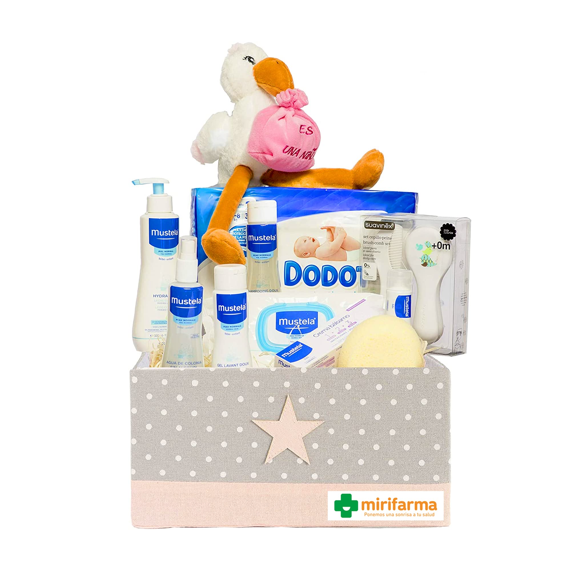 Mirifarma Canastilla Bebé Supreme (Rosa) para regalo. Con: Caja Multiusos, Peluche Cigüeña Rosa. Toallitas, Crema, Gel, Colonia, Esponja, Champú, Cepillo Y Peine, Hidratante, Pañales.