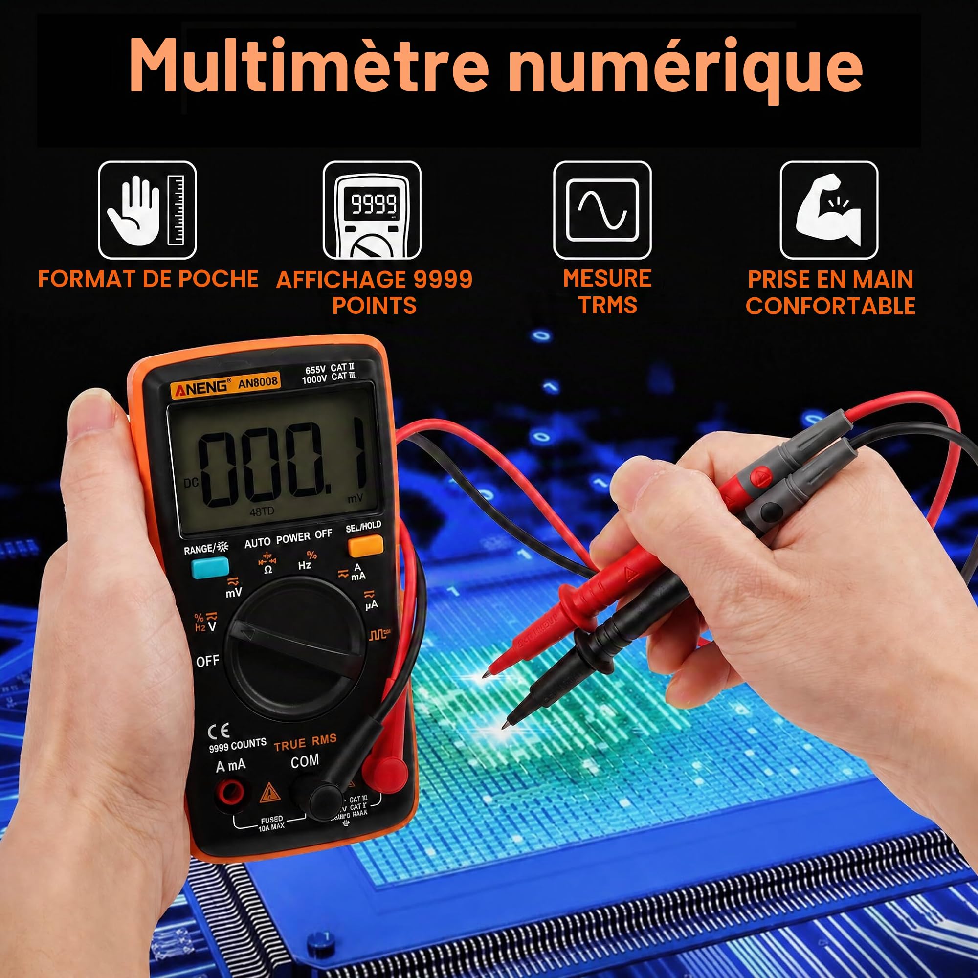 AN8008 Multimètre numérique True Tension CA Tension CC Ampèremètre Courant Ohm mètre Testeur Diodes Transistors Température Rouge