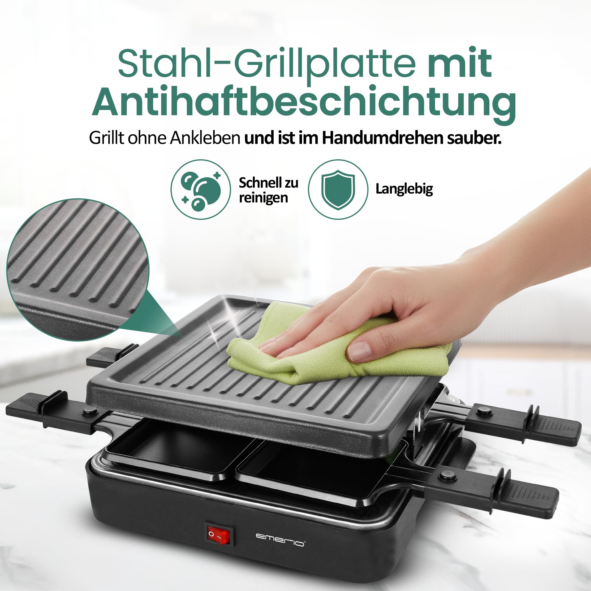 Emerio Griglia per raclette, 4 padelle, Piastra Antiaderente (RG-120656)