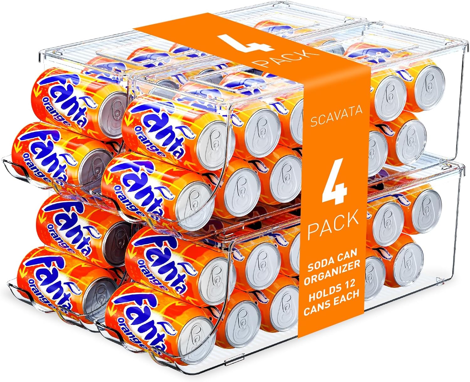 4 Pack Soda Can Organizer for Refrigerator, Stackable Canned Food Pop Cans Container Can Holder Dispenser with Lid for Fridge Rack Freezer, Clear Storage Bins-Holds 12 Cans Each (Transparent)