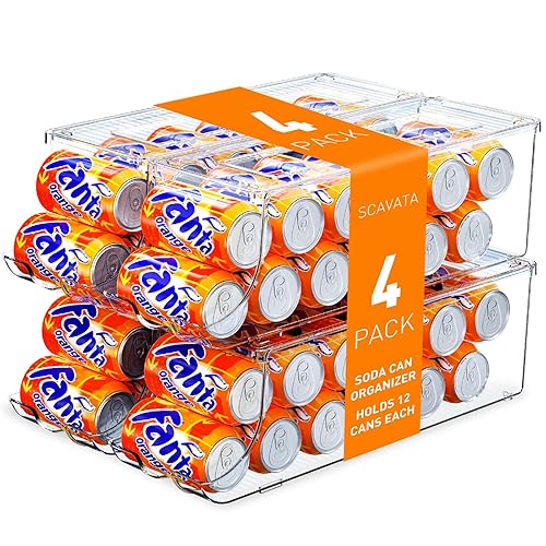 SCAVATA 4 Pack Soda Can Organizer for Refrigerator, Stackable Canned Food Pop Cans Container Can Holder Dispenser with Lid for Fridge Rack Freezer, Clear Storage Bins-Holds 12 Cans Each (Transparent) - Transparent