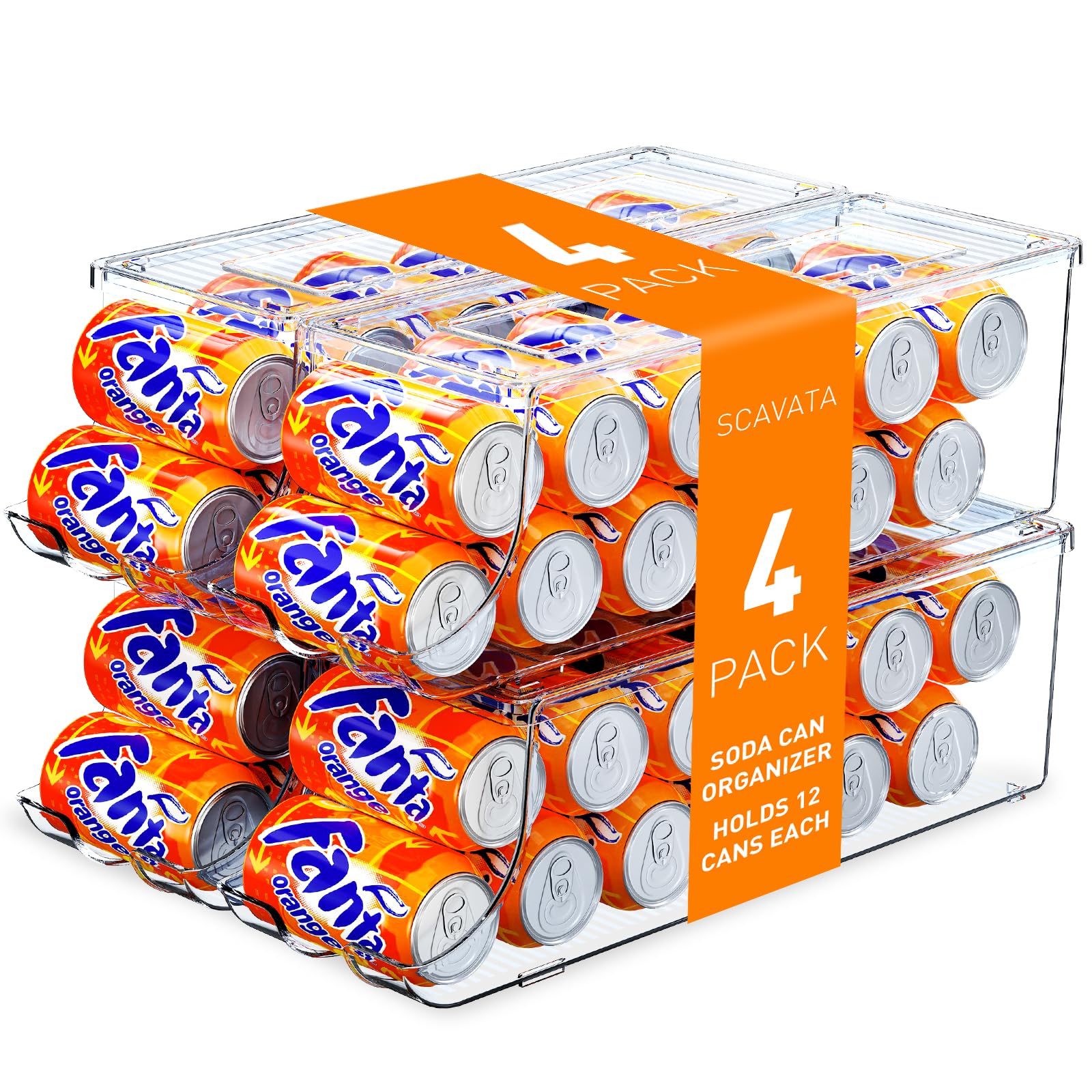 scavata 4 pack soda can organizer for refrigerator, stackable canned food pop cans container can holder dispenser with lid for fridge rack freezer, clear storage bins-holds 12 cans each (transparent)