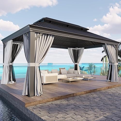 oneinmil Gazebo para exteriores de 12 x 16 pies, cenador de techo doble de metal resistente con marco de aluminio y malla y cortinas para patios