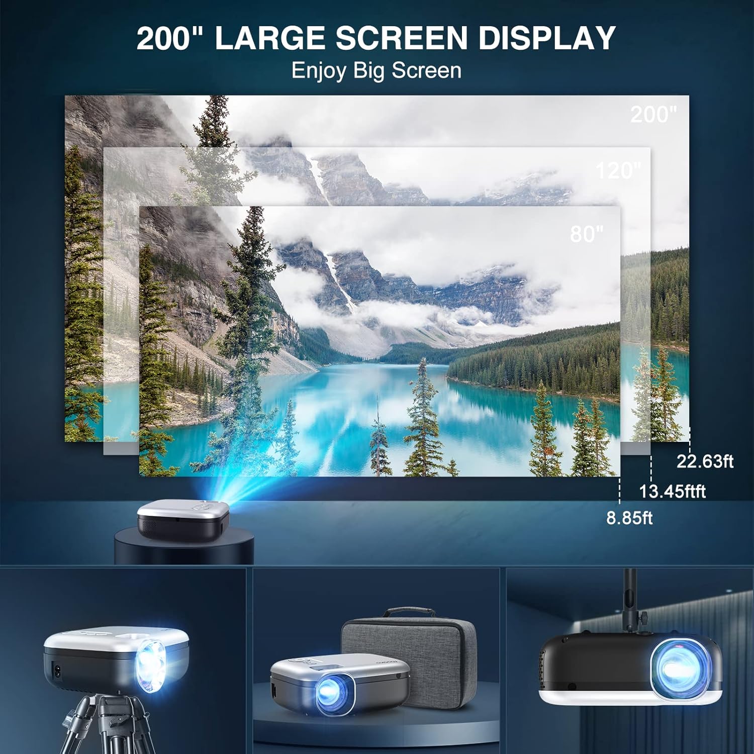 Outdoor Projector with WiFi, 1080P Full HD and 200" Supported Portable Projector 8000L Movie Projector Home Theater Compatible with TV Stick HDMI USB AV Smartphone Laptops Grey