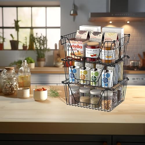 Miniatura 2 de SANNO Cesta apilable negra apilable de alambre para almacenamiento de verduras, despensa, refrigerador y organización de baño, paquete de 6