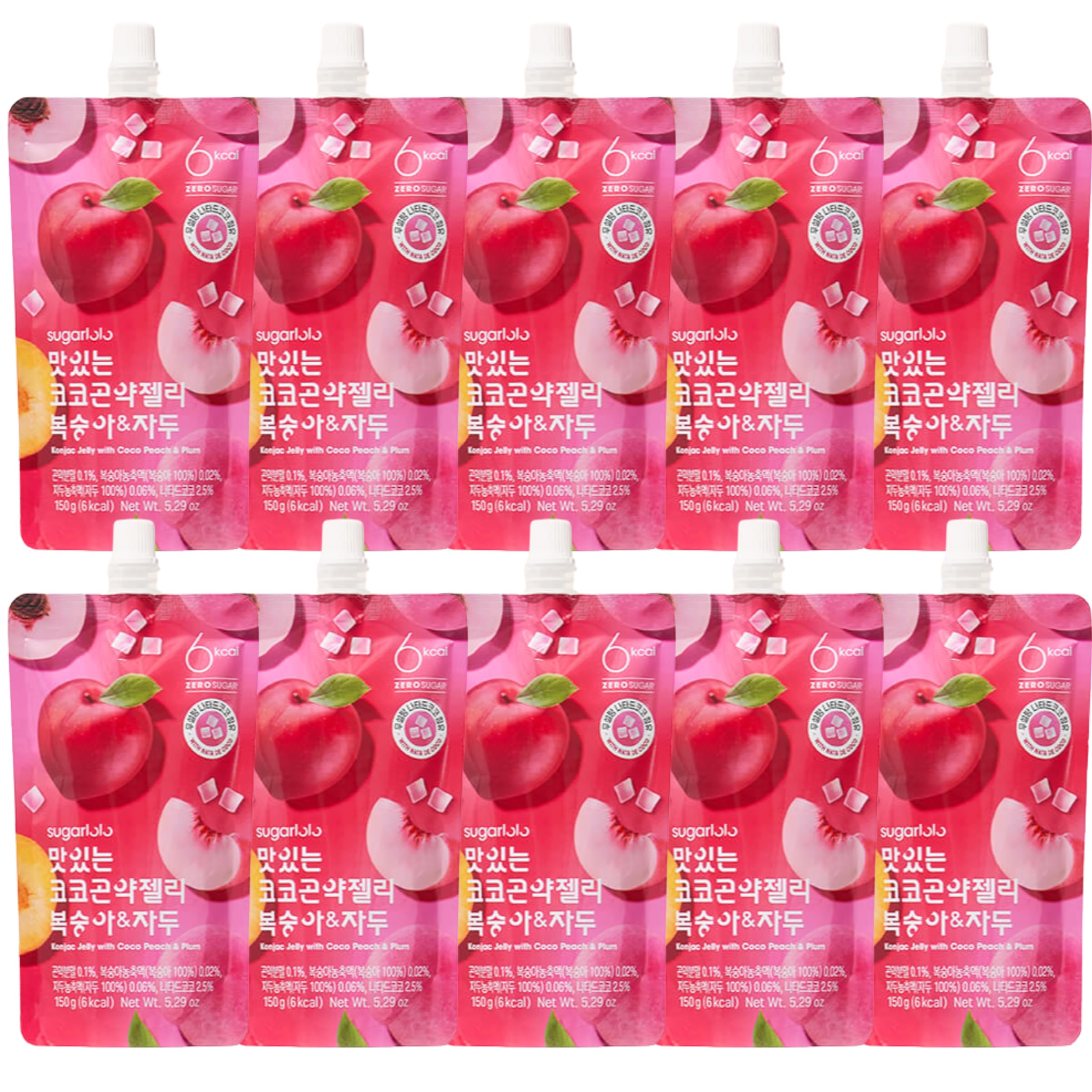 EasyCookAsia Sugarlolo Trinkbares Konjac | 150ml x 10er | 6 kcal | Kalorienarm, Zuckerfrei, vegan & ballaststoffreich | Nata de Coco & 500mg Vitamin C | für Diät, Sport & Alltag (Pfirsich & Pflaume)