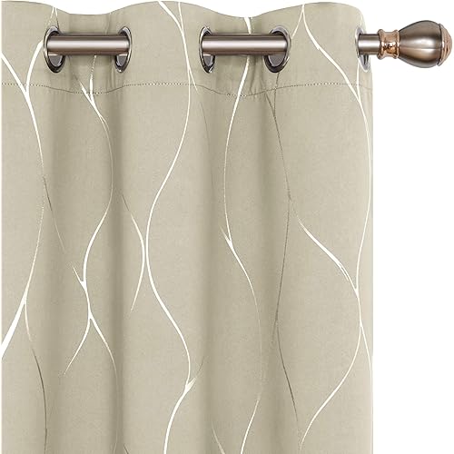 Deconovo Silver Wave Foil Print Blackout Curtains, Grommet Light Blocking Curtain, Room Darkening Noise Reducing Window Draperies for Living Room （42W x 84L Inch, 2 Panels, Light Beige