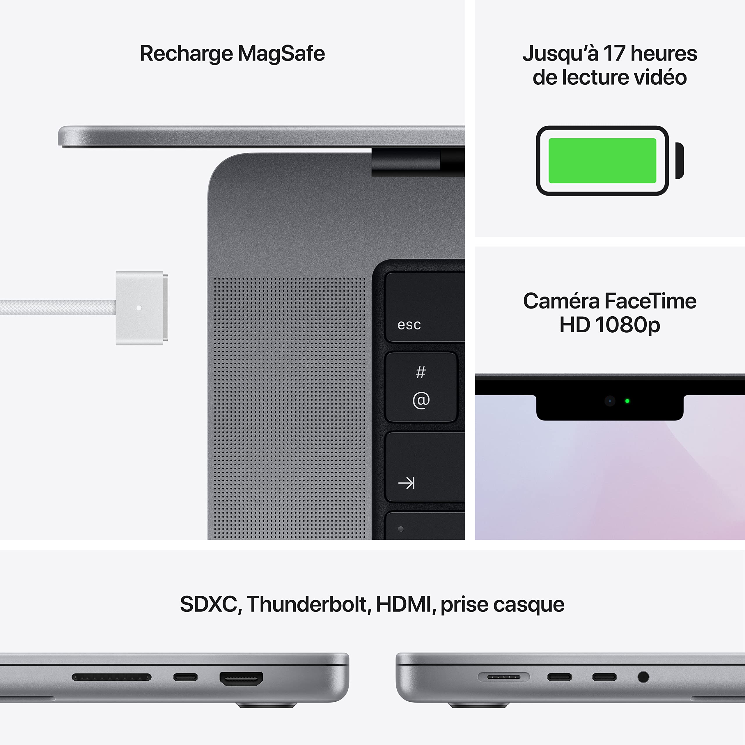 2021 Apple MacBook Pro con Apple M1 Pro Chip (14-pulgadas, 16GB RAM, 1TB SSD de Almacenamiento) (AZERTY French) Gris Espacial (Reacondicionado)
