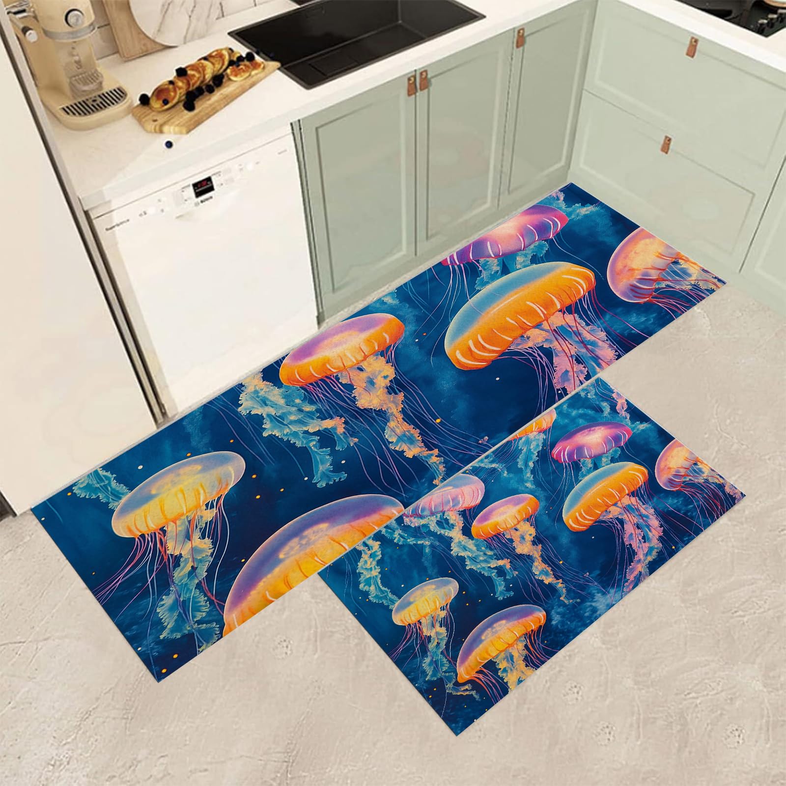 Tapis de cuisine aquarelle méduse antidérapant lot de 2