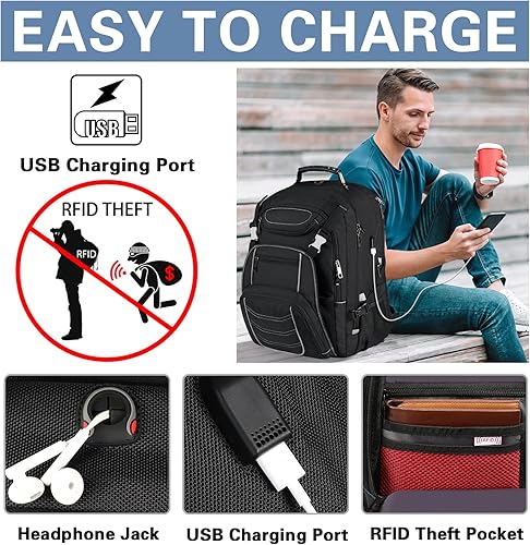 Miniatura 4 de Mochila para laptop de 18.4 pulgadas para hombres, mochila extragrande para laptops gaming de 60L con puerto de cargador USB, aprobada para vuelos