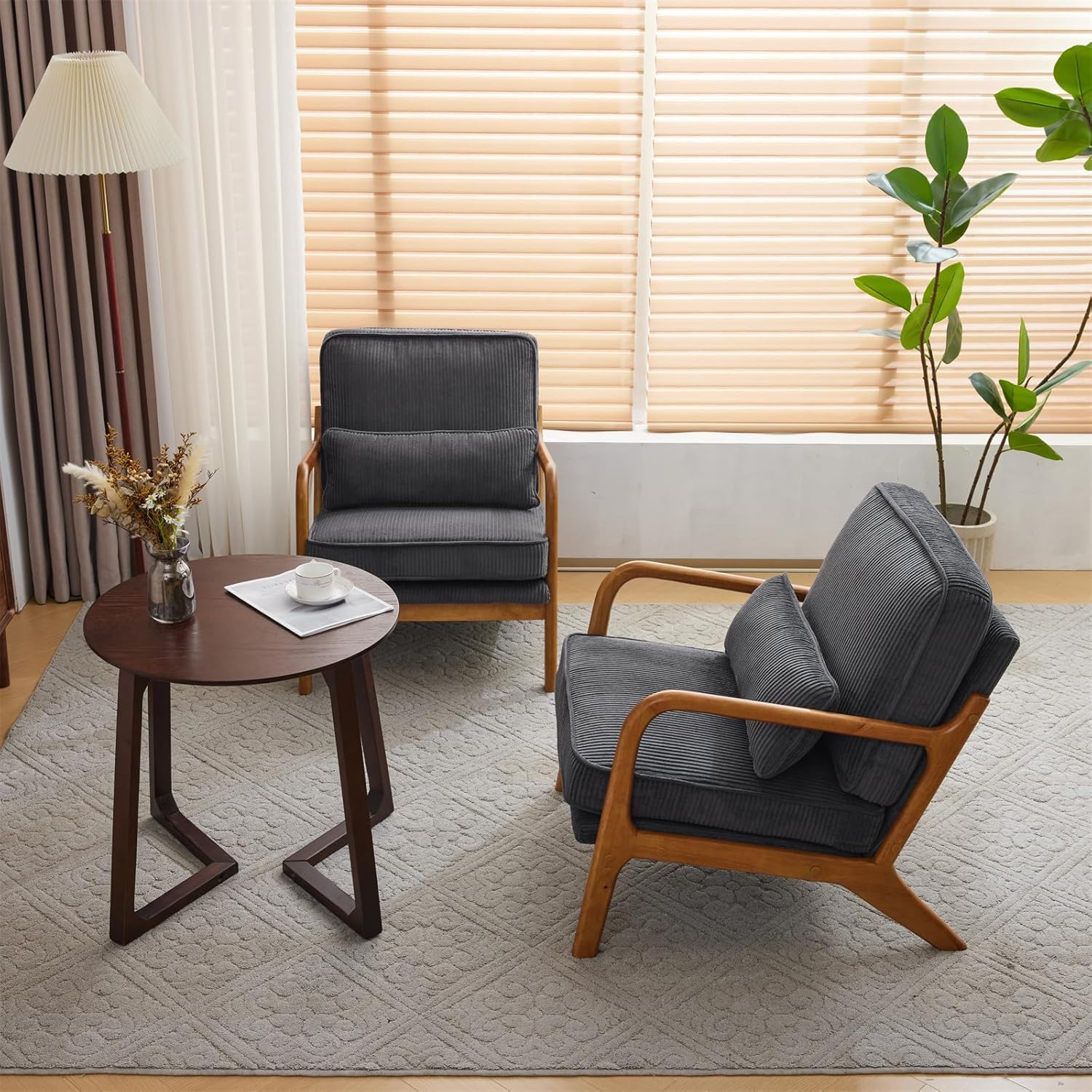 Bonnlo Accent Chair, Soild Wood Padding Lounge Armchairs Set of 2, Occasional Reading Chair with Cushions and Lumbar Pillow, Armchairs for Living Room, Bedroom, Guest Room, Corduroy, Dark Grey