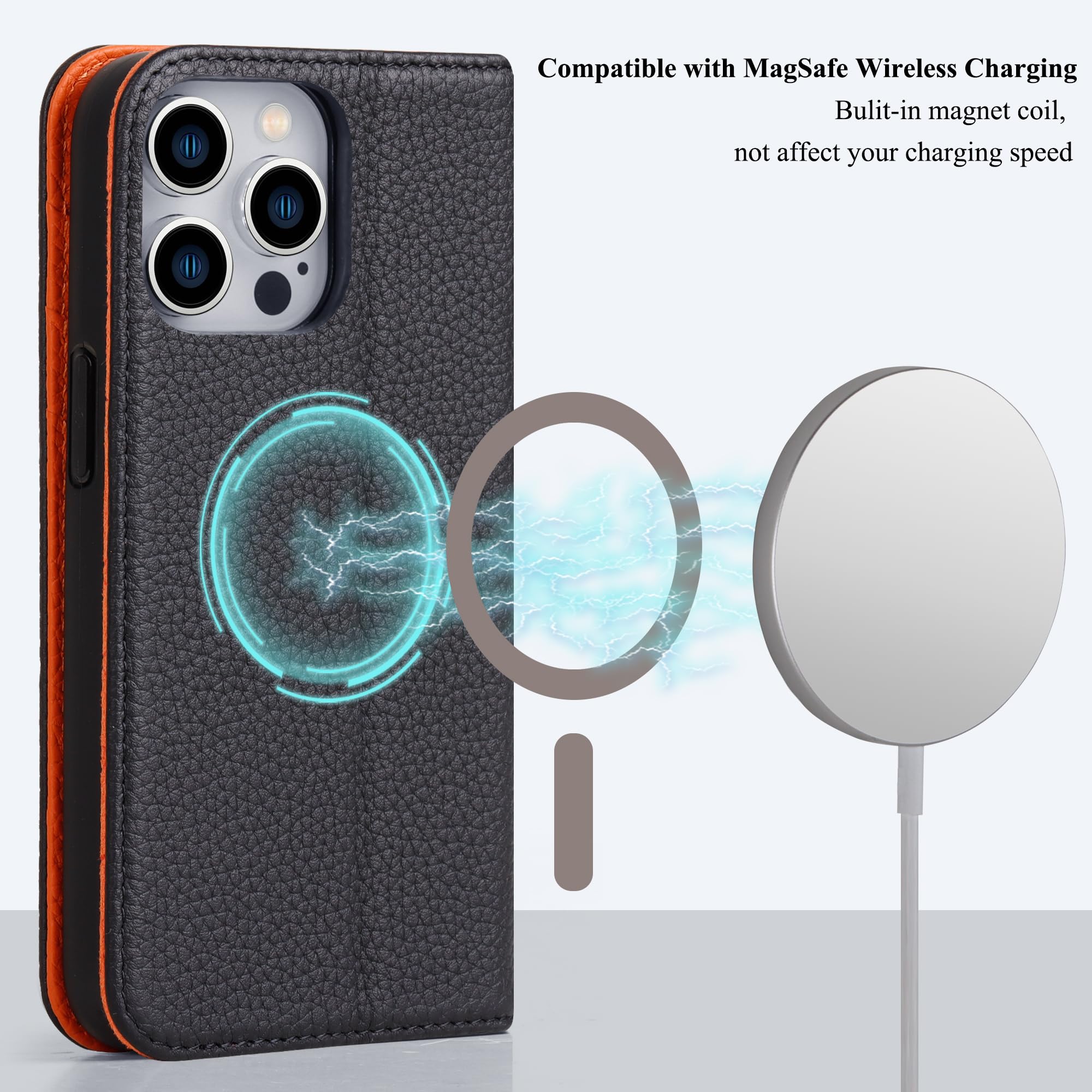 VISOUL Pebbled Genuine Leather Case for iPhone 15 Pro Max Wallet Case with Card Holder, Magnetic Flip Folio Cover with Kickstand for iPhone 15 Pro Max (6.7 inch)(Black+Orange)