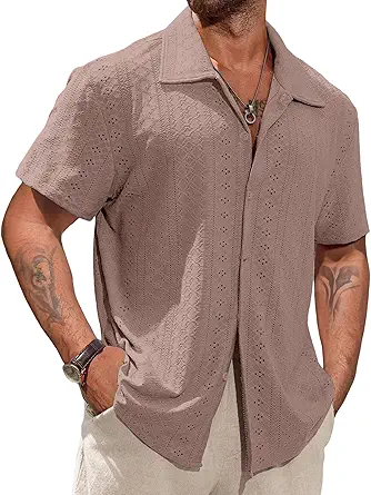 Vssjavun Mens Short Sleeve Button Down Shirts Casual Hollow Out Summer Beach Shirt