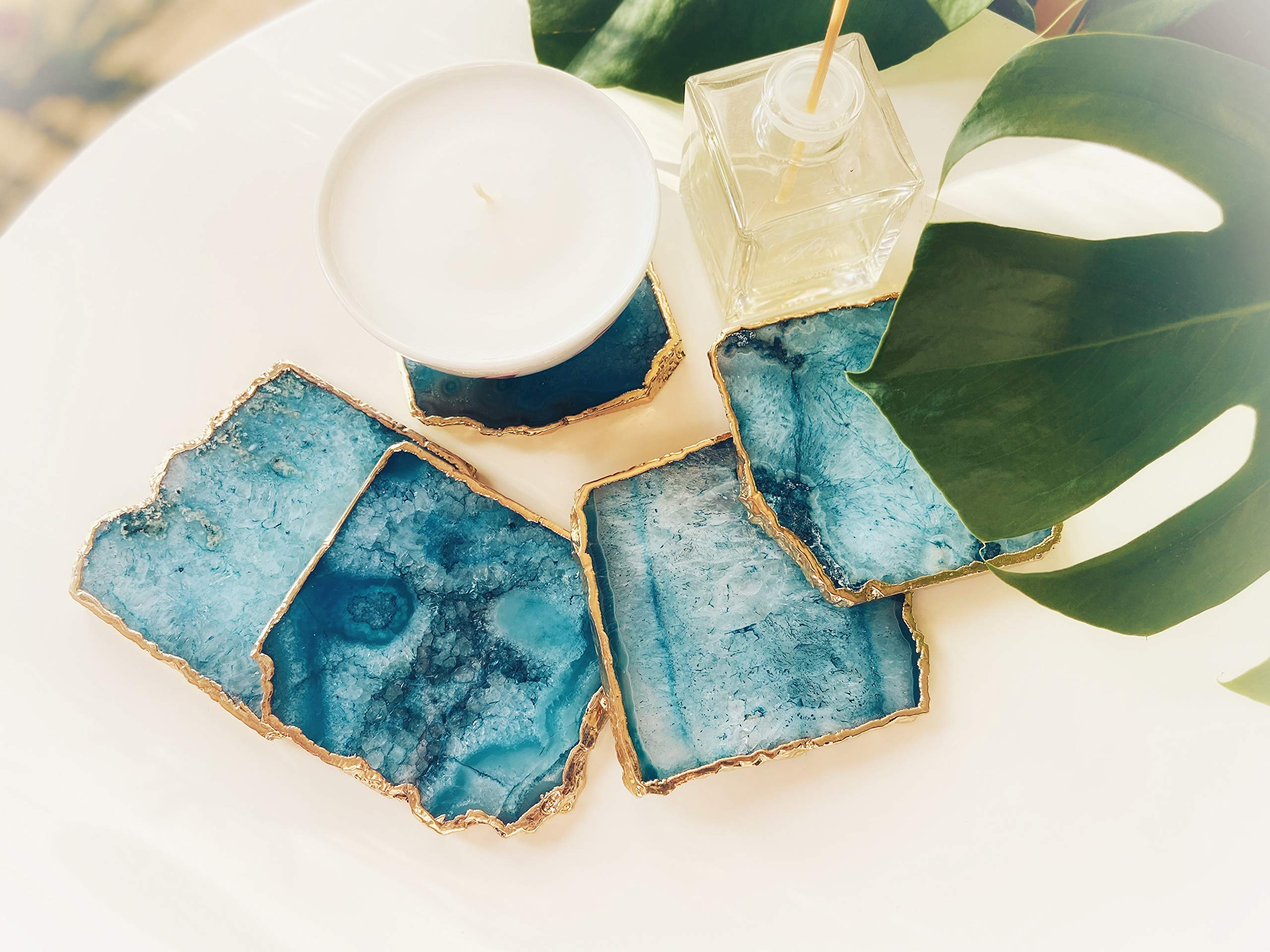 Jewel Crystals Blue Gold Blue Agate 24Ct Gold Edge, Gilded, Microcrystalline Quartz Premium Coasters (Set Of 4) Gift