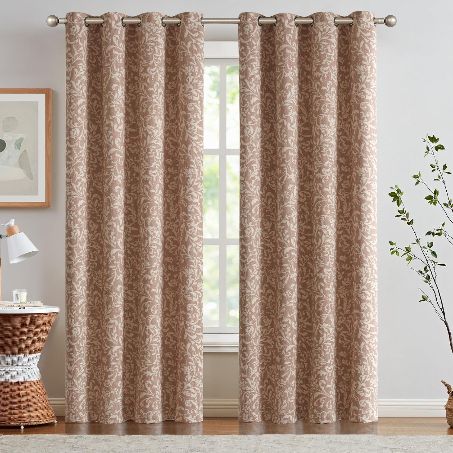 jinchan 80% Blackout Curtains for Living Room, Farmhouse Taupe Drapes with Scroll Floral Patterned for Bedroom, Grommet Top Thermal Insulated Curtains, Vintage Country Drapes 84 inch Length 2 Panels
