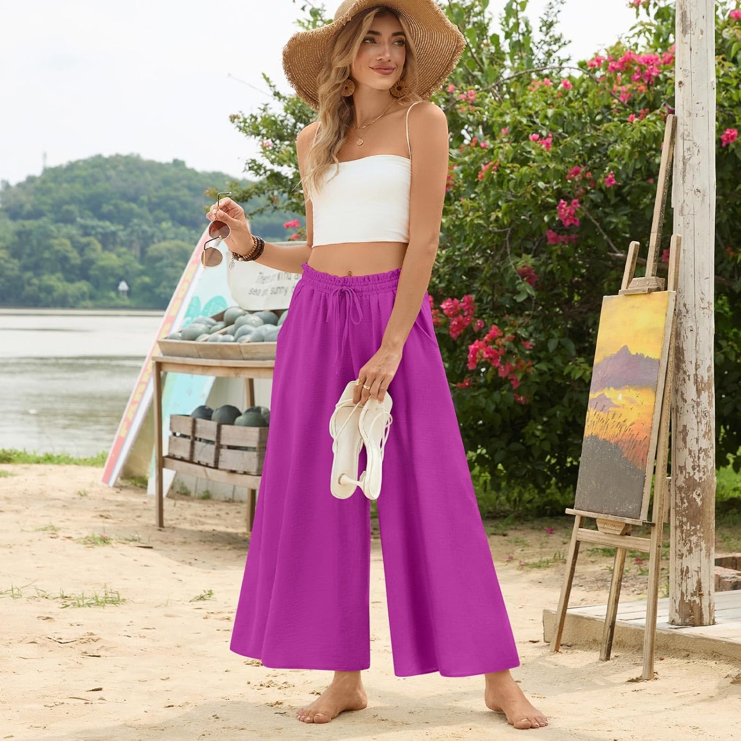 Bestbee Womens Plus Size Palazzo Pants Dressy Casual Wide Leg Gaucho Pant Business Flowy Slacks Elastic Waist with Pockets, 3XL, Dragon-Fruit Color - Image 4