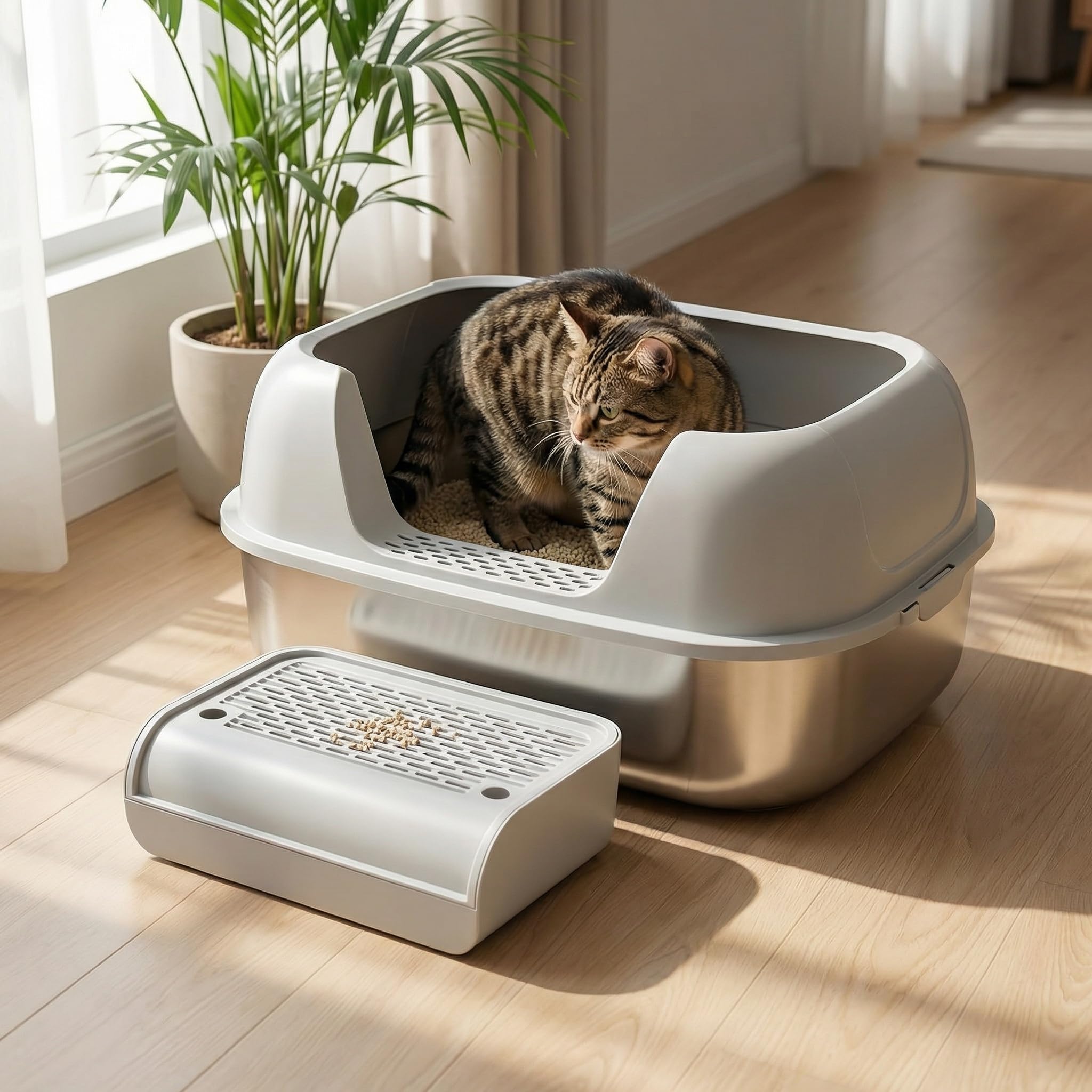 B2C Large Oval Stainless Steel Cat Litter Box, 58x42x30 cm