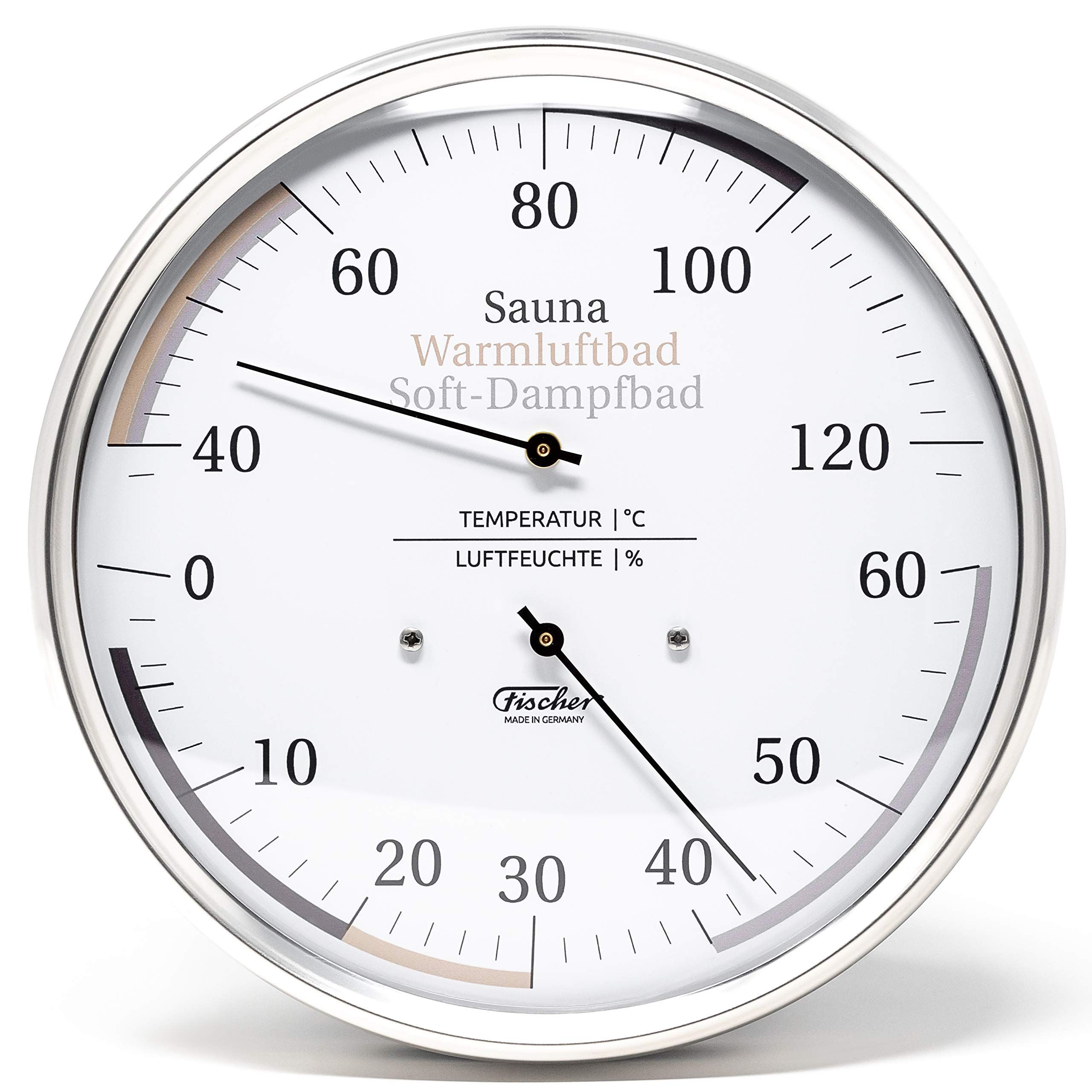 Fischer 185.01 Sauna - Termómetro universal (160 mm, higrómetro de cabello y termómetro bimetálico, acero inoxidable, fabricado en Alemania)