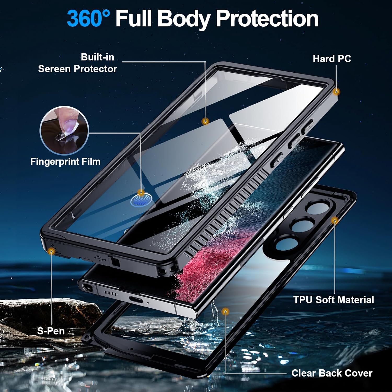 MOZOTER for Samsung Galaxy S22 Ultra Case Waterproof,[IPX8 Underwater Case][Full Body Shockproof & Military Dropproof]Clear Sound Quality Built-in Screen Protector for Samsung S22 Ultra 6.8 inch-Black