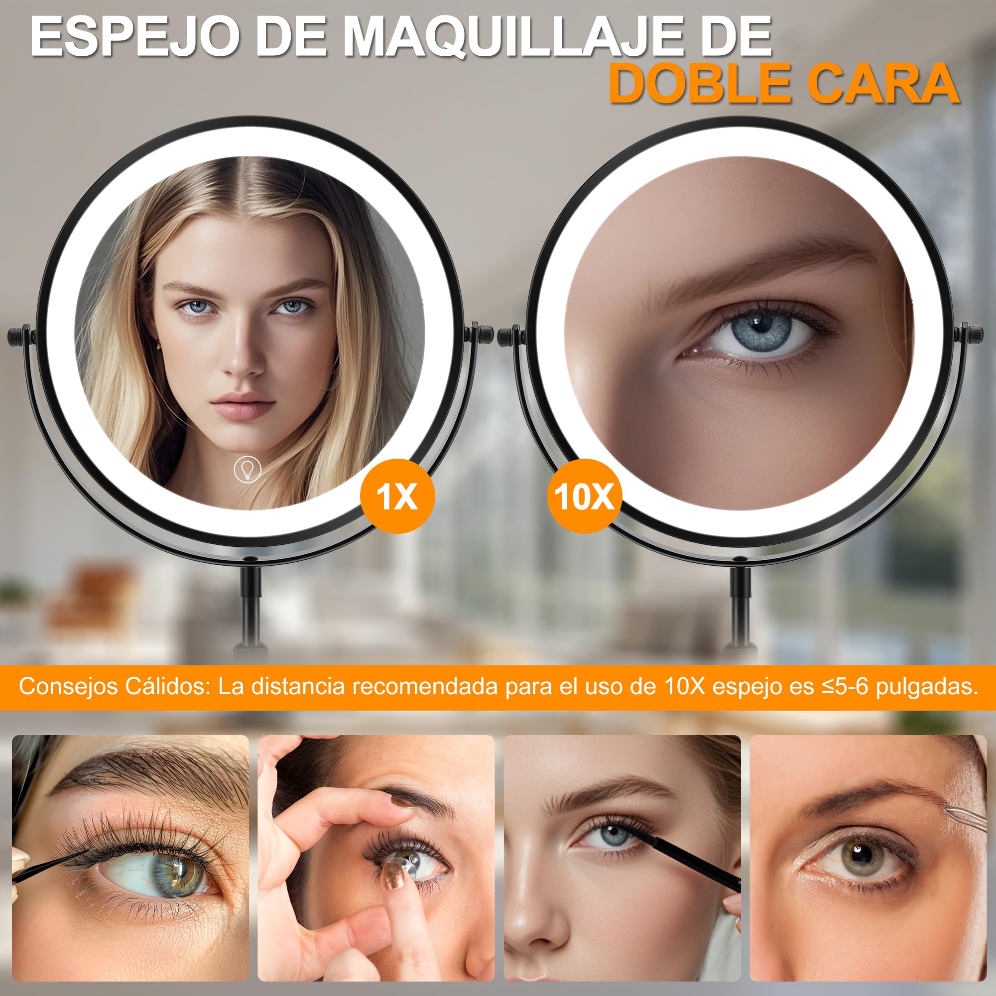 Espejo de Maquillaje de Doble Cara de Altura Ajustable con Luz, 3 Colores de Luz LED e Interruptor Táctil, para Cuidado Personal y Maquillaje (10X)