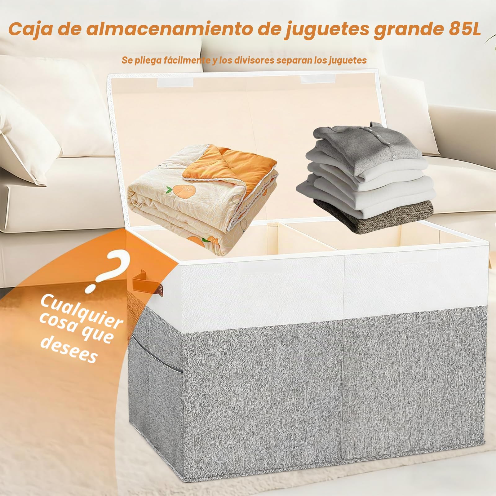 Caja Almacenaje Juguetes con Tapa, Gran Caja de Almacenamiento Plegable para Niños 62x32x40 cm con Asas y Divisor Extraíble, Organizador Almacenaje Juguetes Infantil para Habitación, Grey