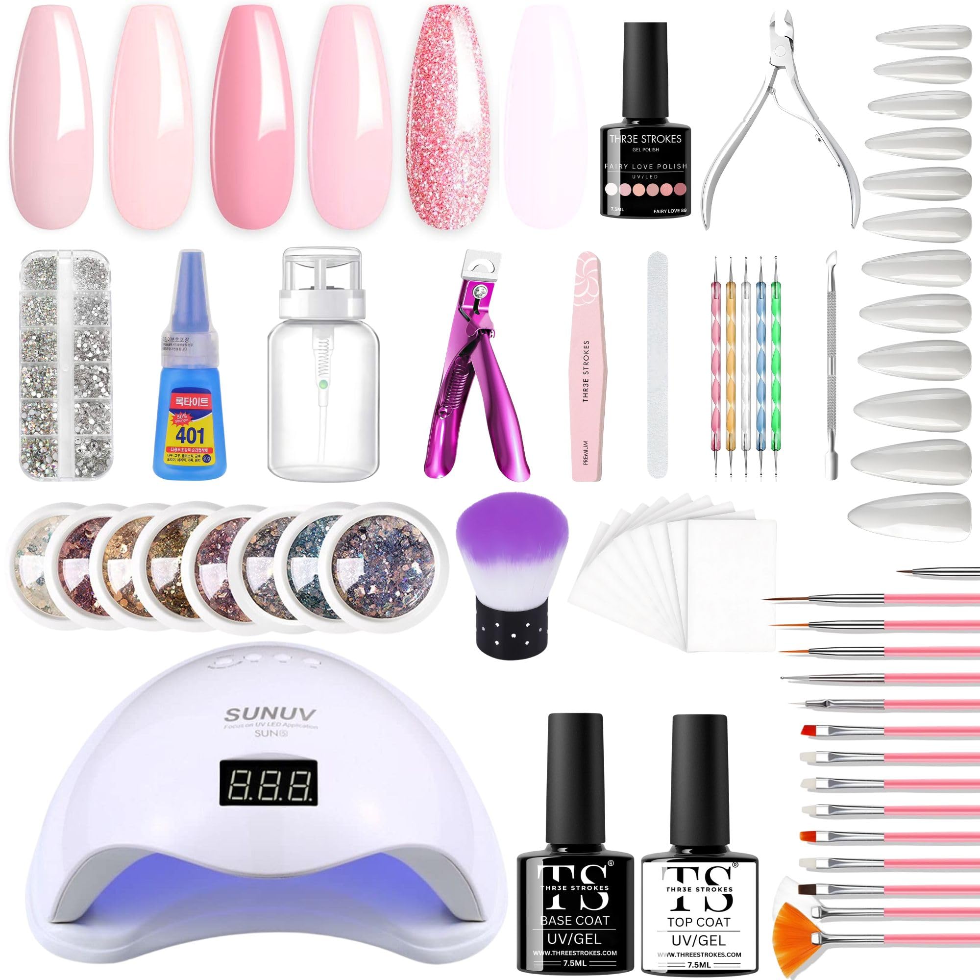 THR3E STROKES Moonstone Nail Extension Kit - 6 Gel Polishes (7.5ml) | 48V UV Nail Lamp | 500 Stiletto Nail Tips & Rhinestones | Professional Nail Art Tools | Base & Top Coat | DIY & Salon Use (MOONSTONE KIT) (FAIRY LOVE)-image-41