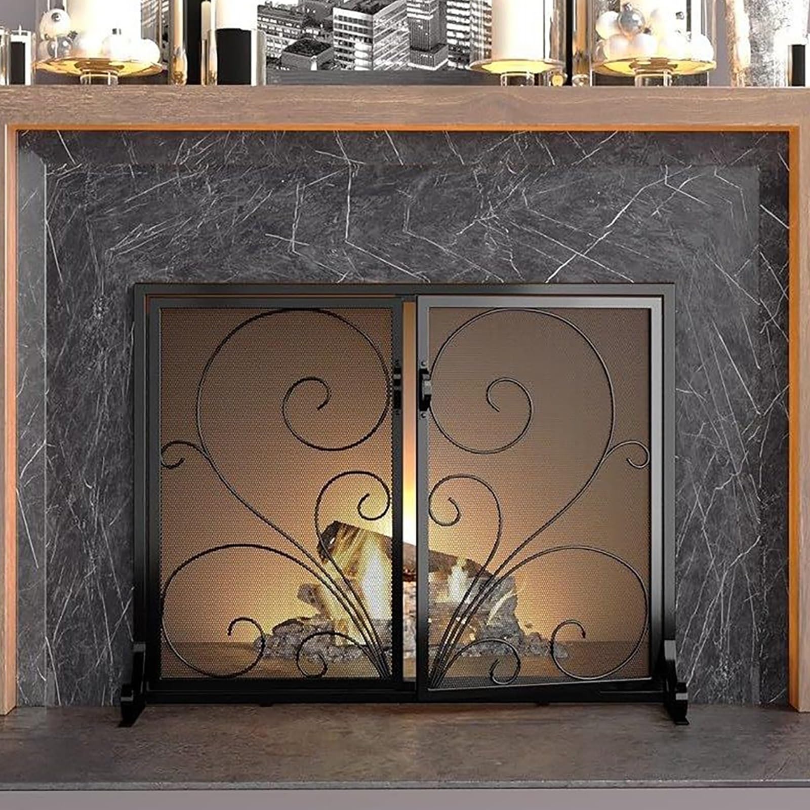 Protector Chimenea Plano con Puertas De Hierro Forjado, Malla Metálica Salvachispas Chimenea, Pantalla Decorativa con Diseño De Rollos para Chimeneas De Hogar