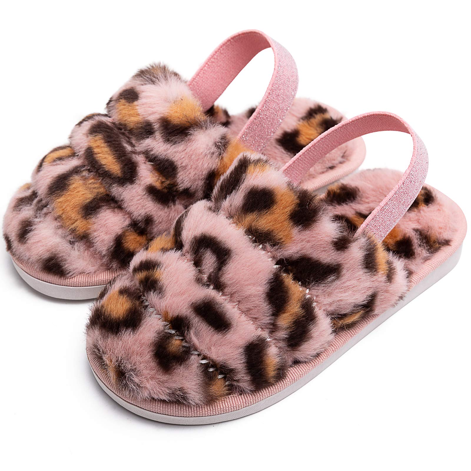 Kids Fluffy Fuzzy Slippers Open Toe House Home Slippers for Boys and Girls Faux Fur Slides with Strap Little Kids Slip-on ...