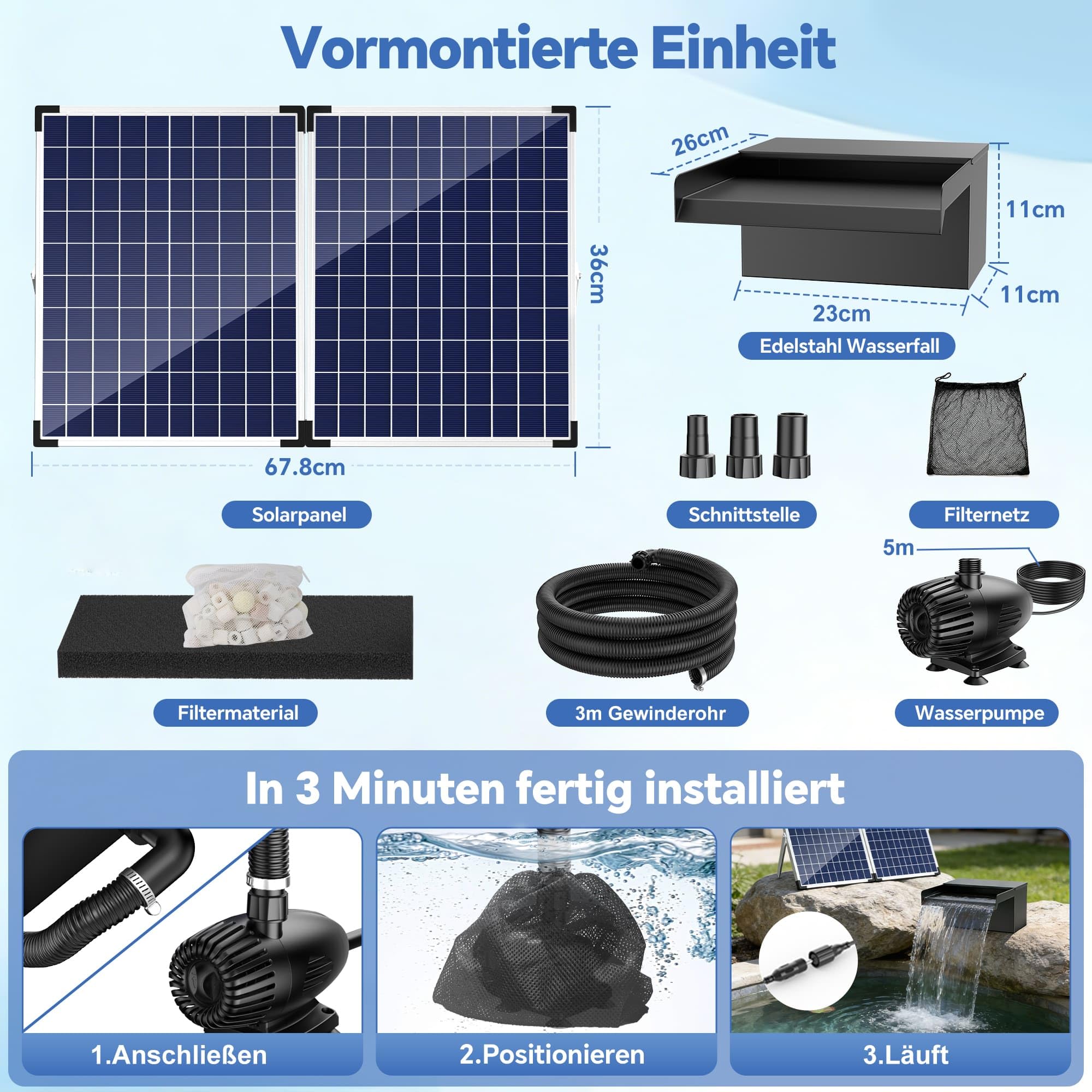 Biling 50W Solarowy zestaw wodospadowy ze stali nierdzewnej kompletny z pompą i filtrem 40W 2100L/H 20 cm wodospad do stawu ogrodowego, stawu z rybami Koi, basenu kąpielowego, dekoracja ogrodu