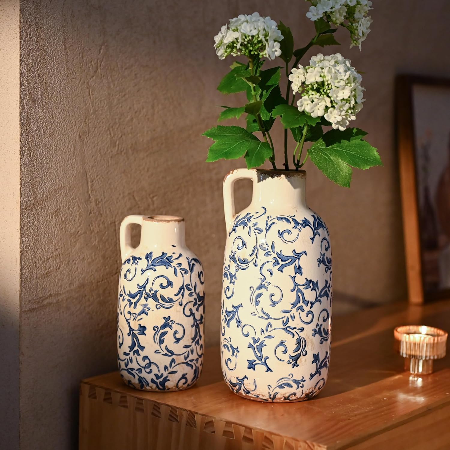 VICTOR & TERESA Blue and White Ceramic Vase for Flowers, Rustic Vase Home Decor for Pampas Grass, Farmhouse Decorative Vases for Mantel, Living Room, Shelf, Centerpieces, 7'', Gifts for Mom - Image 5