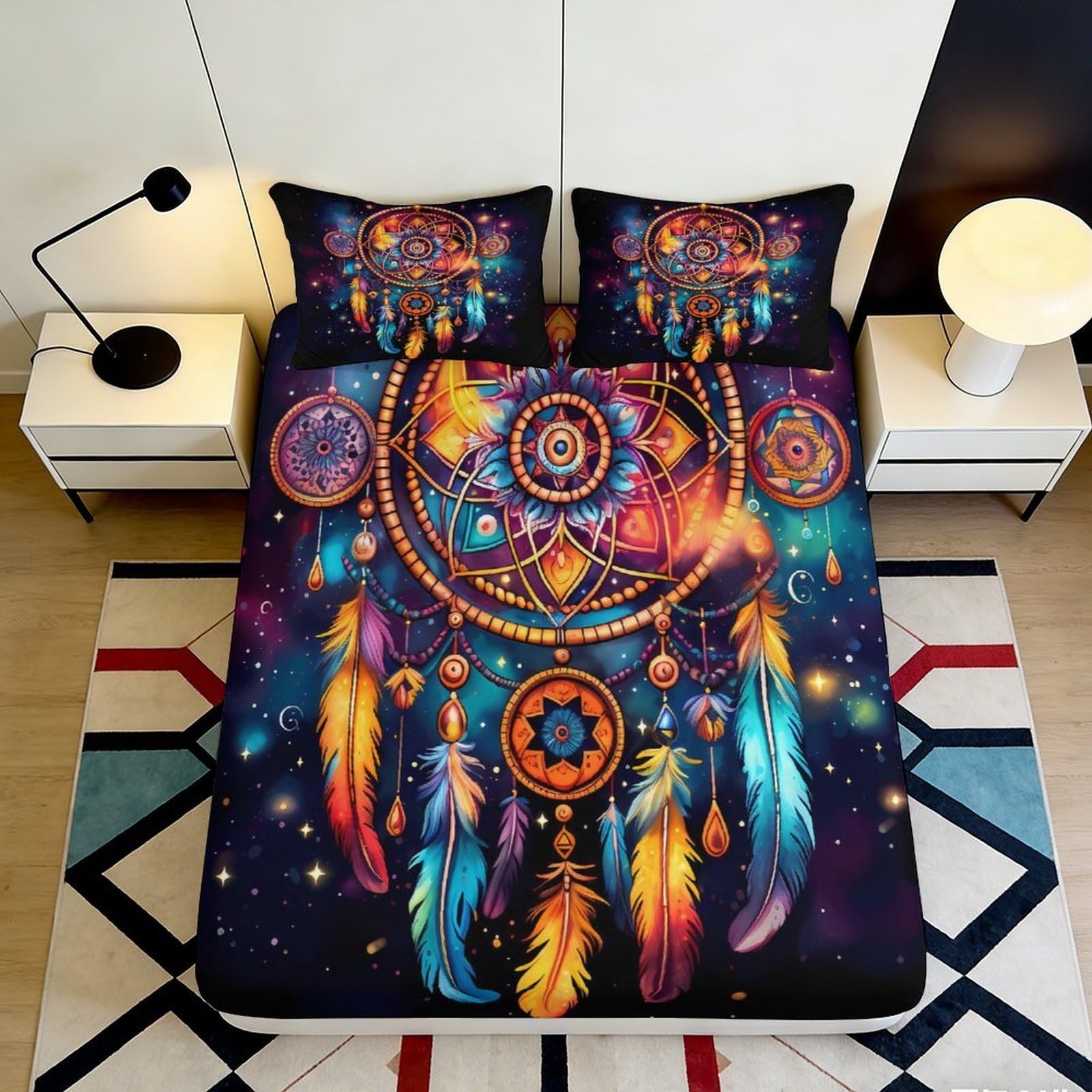 3D Printed Dreamcatcher Fitted Sheet Microfiber Soft Breathable Boho Feather Mattress Cover for Bedroom Dorm Decor 140x200x25cm