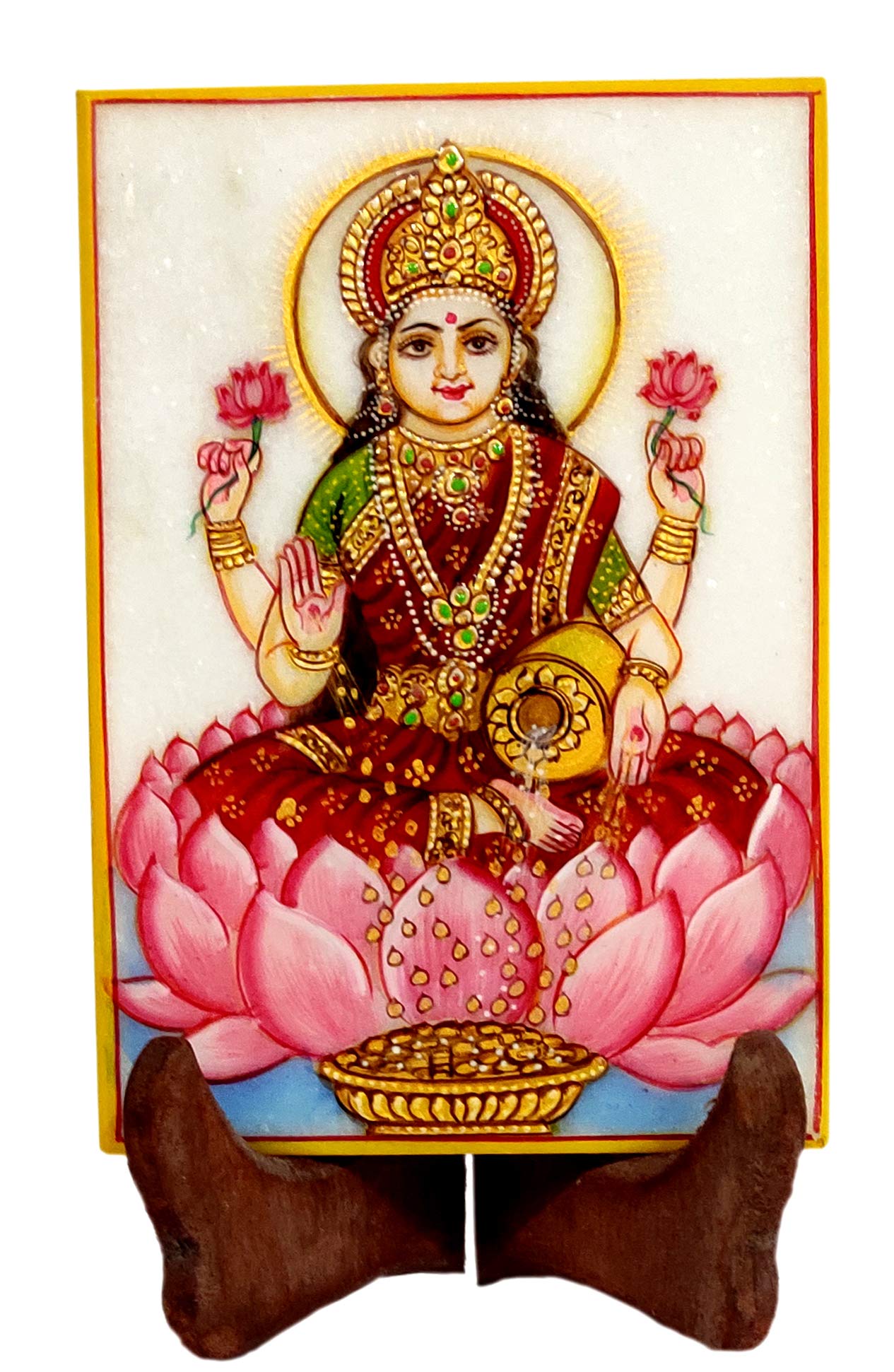 Purpledip Marble Painting Lakshmi: Hand Painted Tile with Gold Work, 6x4 Inches Indian Gift Souvenir (12090)