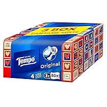 Tempo, Scatola di Fazzoletti di Carta, 3 Scatole da 80 Fazzolettini Monouso, 4 Veli, 4 Grafiche Assortite, Confezione Riciclabile