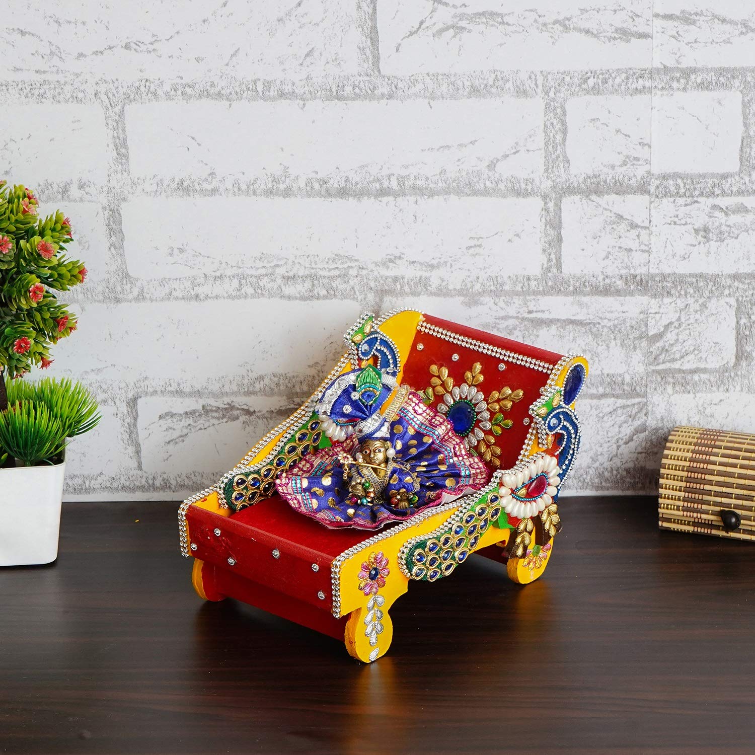 CAPIO ART Wood Peacock Shape Laddu Gopal Singhasan for God Idol & Gifts Mandir Decorations God Sihasan for Home and Office (9 x 5.5 x 6 in_Multicolor)