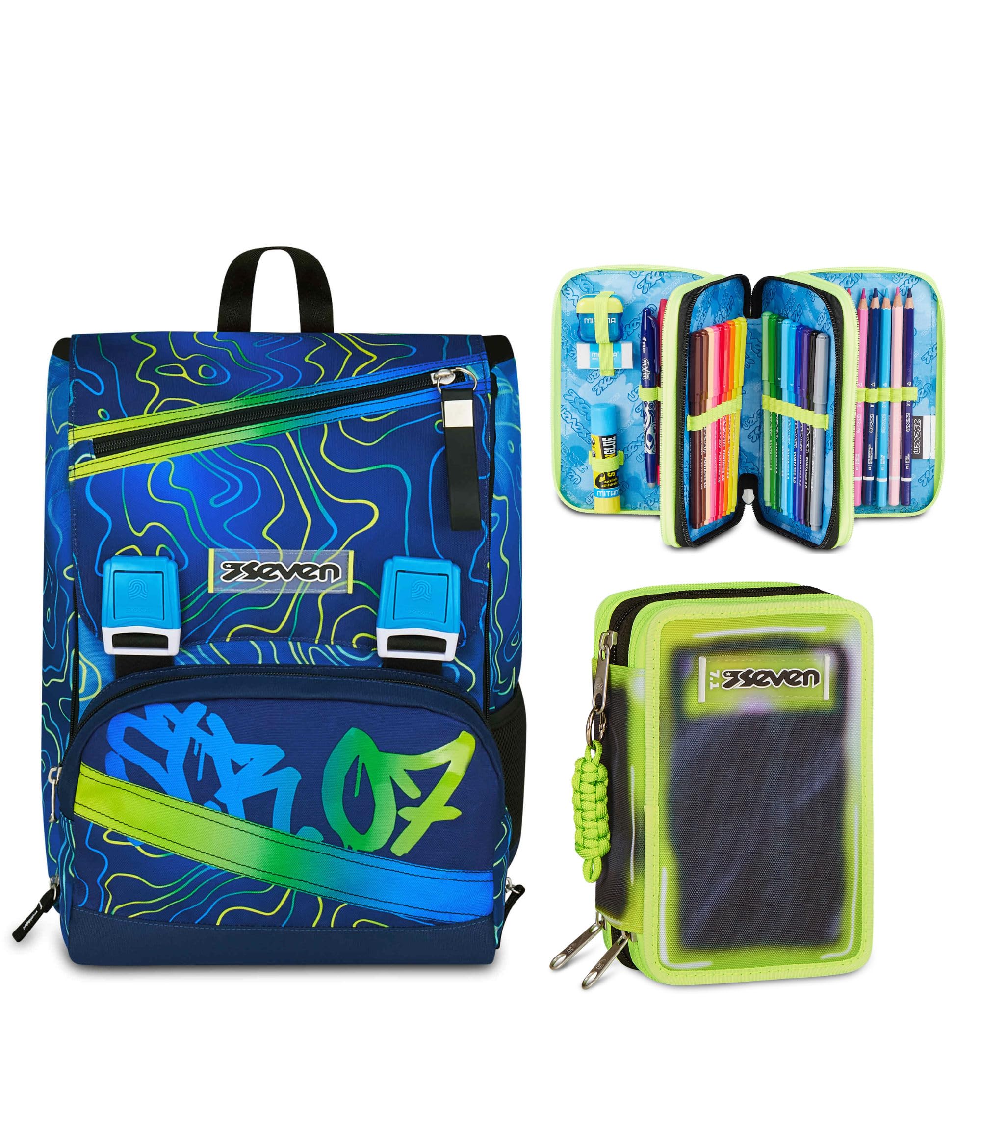 Seven Zaino Doppio Scomparto Estensibile Seven, Blu, Schienale Preformato, Bambino Scuola + Astuccio 3 zip SHADOWS OF COLOR, Nero, 45 pezzi, Pratiche chiusure con zip, Scuola elementare, Bambini