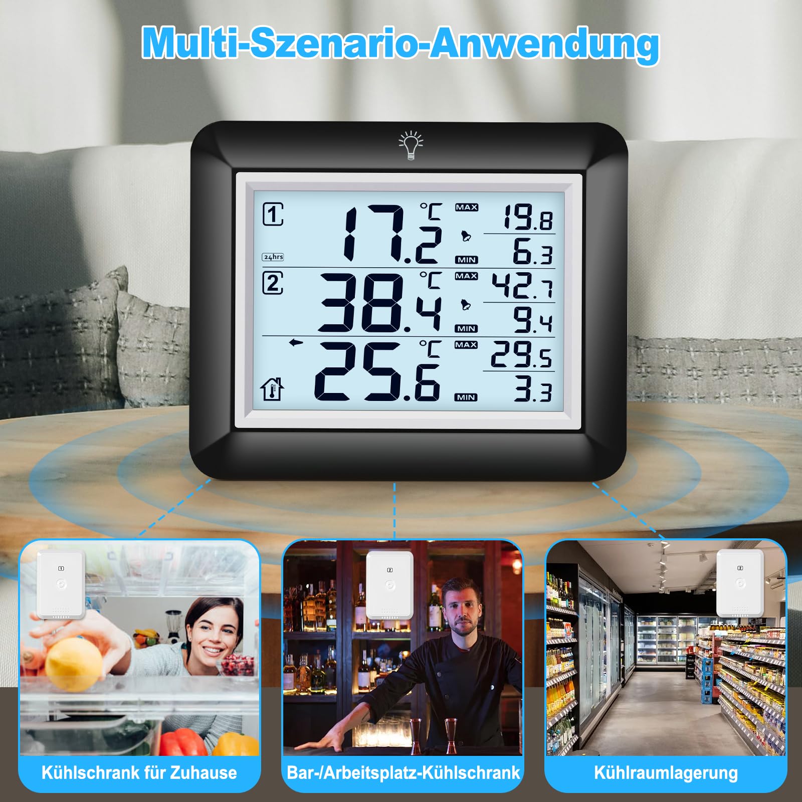 Urageuxy Thermometre Congelateur avec Alarme, Thermomètre de Frigo Congelateur, Prtée 100M, Rétroéclairage, Mesure de -40°C à 60°C, Valeurs Max/Min, Pour Famille et Restaurant