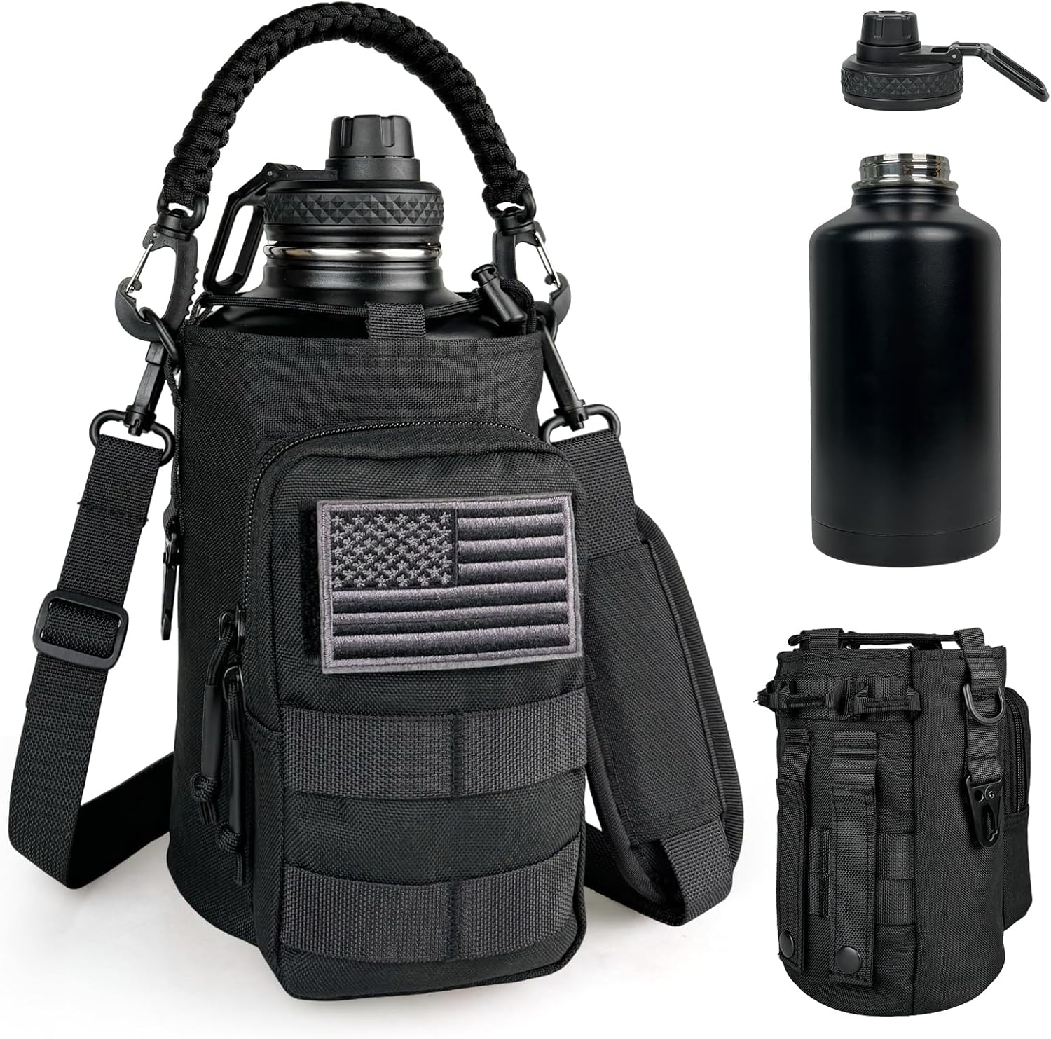 Half Gallon Water Bottle Insulated with Sleeve - Tactical 64 oz Stainless Steel Water Jug with MOLLE Water Bottle Pouch, Gym Water Bottles for Men Hiking Workout (Black)