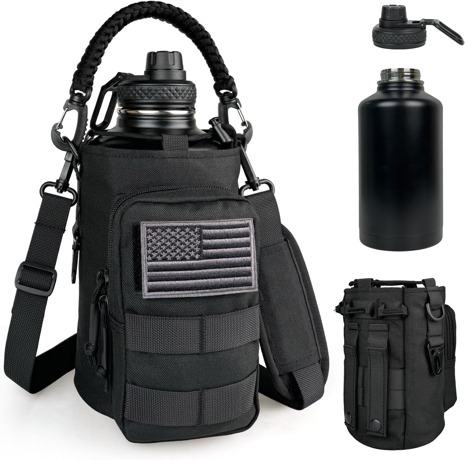 Half Gallon Water Bottle Insulated with Sleeve - Tactical 64 oz Stainless Steel Water Jug with MOLLE Water Bottle Pouch, Gym Water Bottles for Men Hiking Workout (Black)