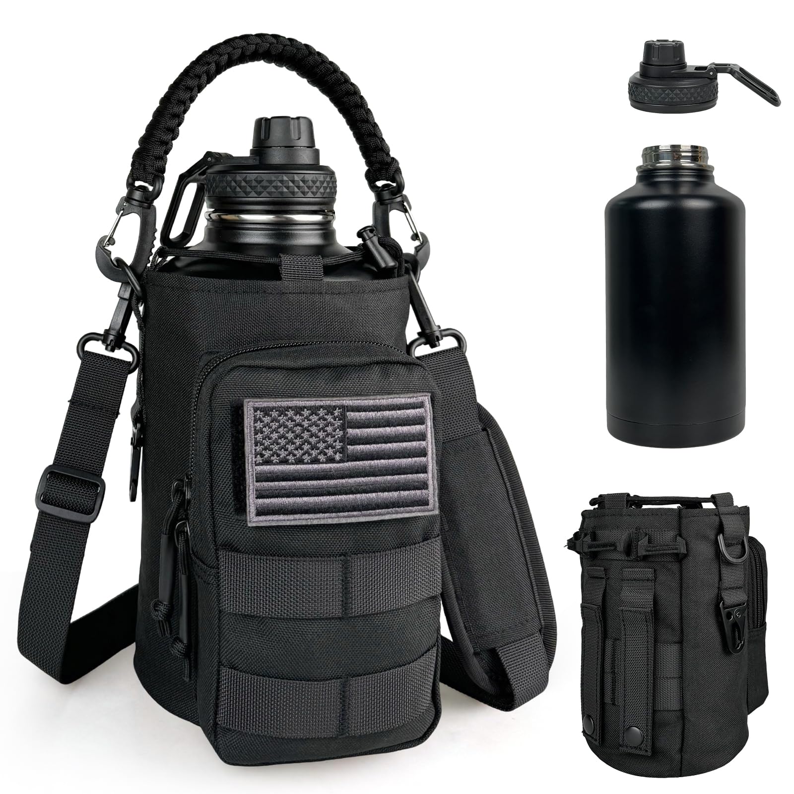 Half Gallon Water Bottle Insulated with Sleeve - Tactical 64 oz Stainless Steel Water Jug with MOLLE Water Bottle Pouch, Gym Water Bottles for Men Hiking Workout (Black)
