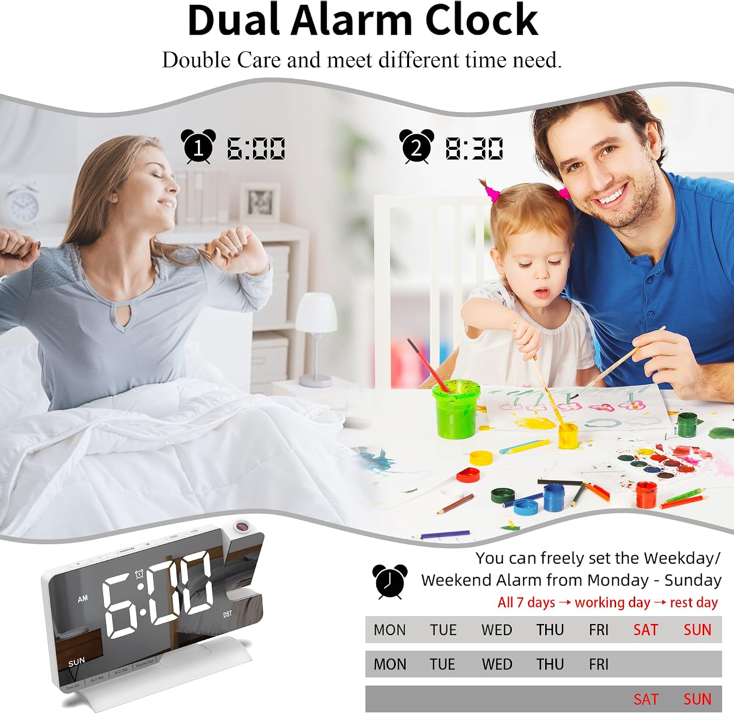 LED Alarm Clock Projection Alarm Clock 6 Levels Brightness 5 Levels Volume Time Week Dispaly Snooze Function 12/24 H White